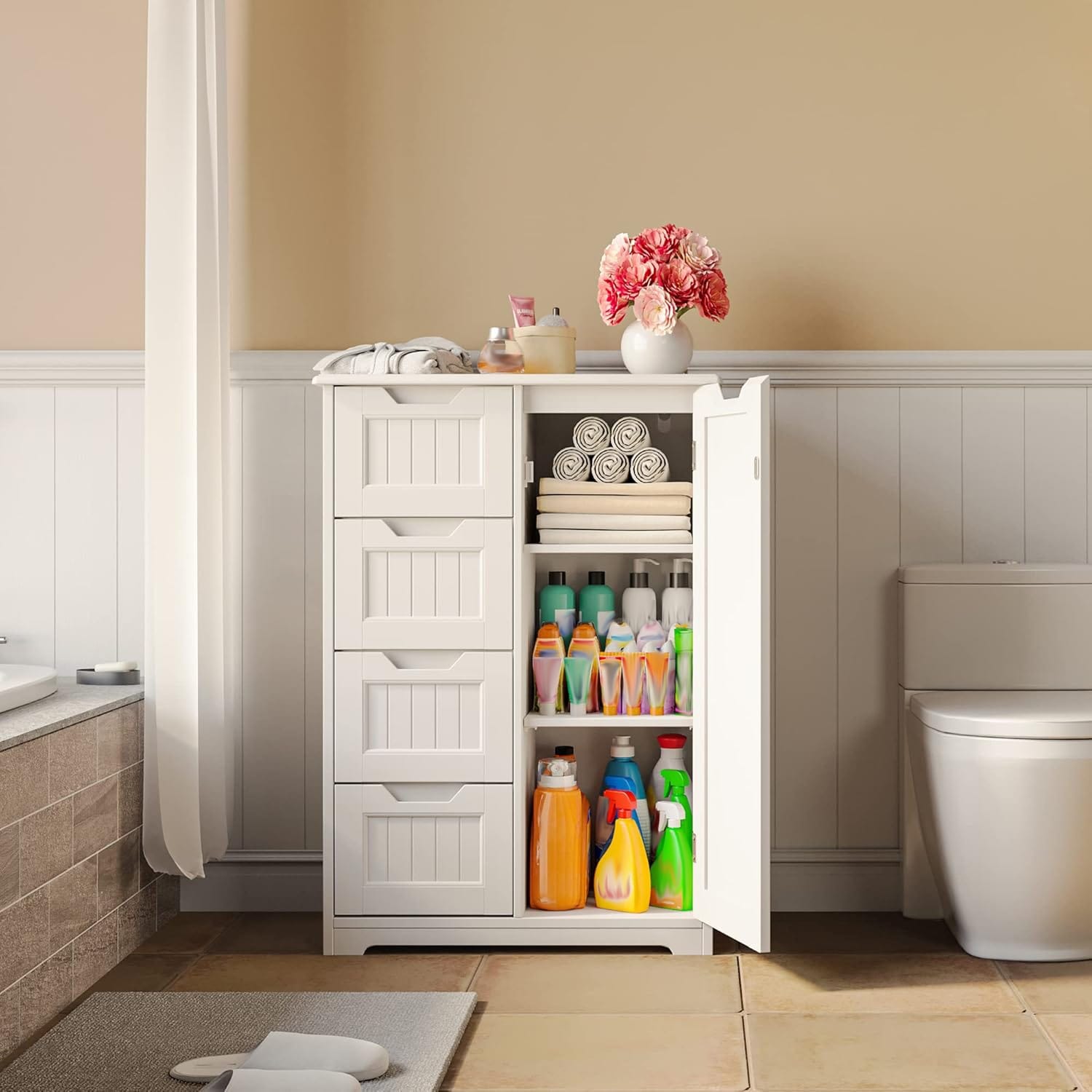 Meuble de rangement de salle de bain, meuble de rangement de sol autonome avec 4 tiroirs et étagère réglable