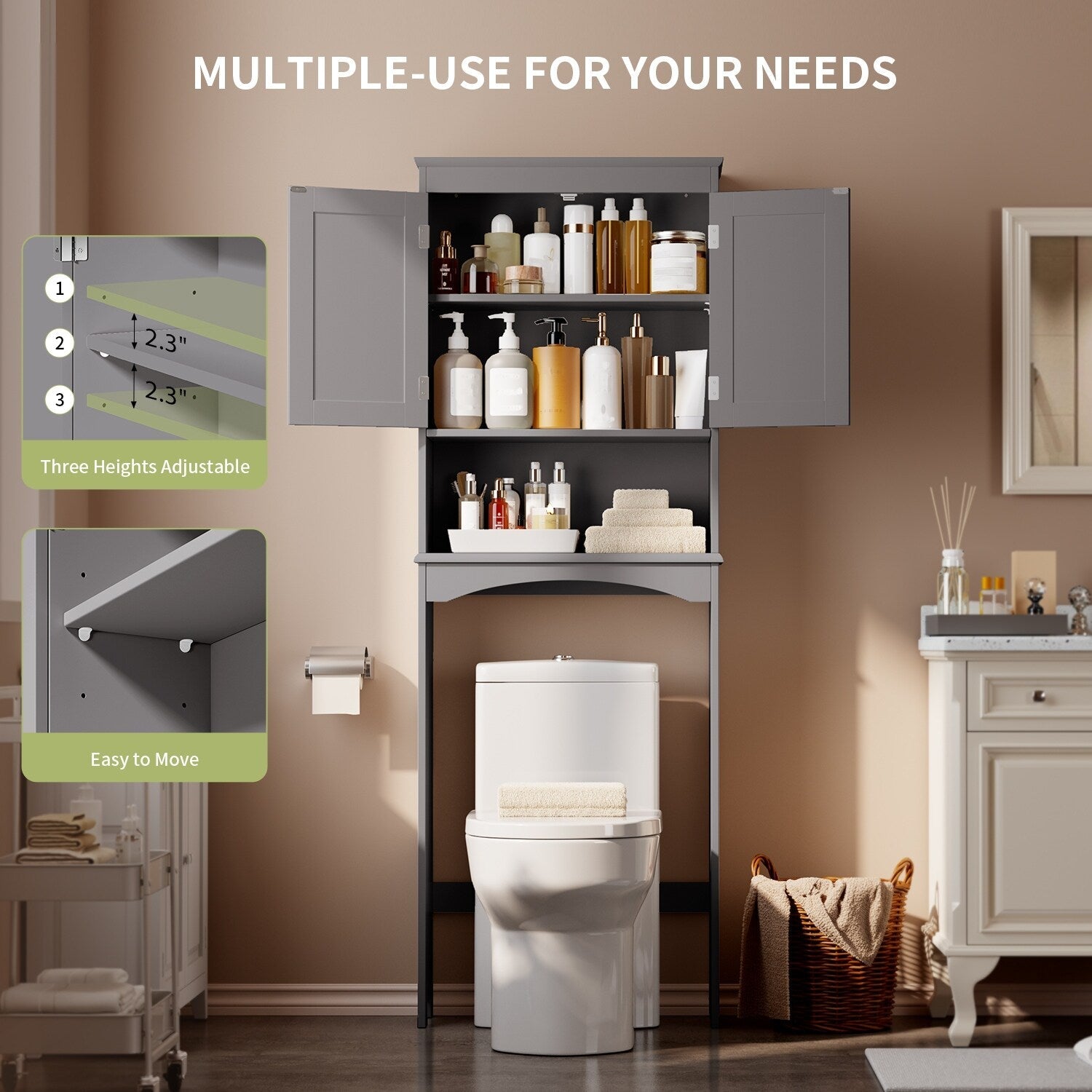 Meuble de rangement pour salle de bain, meuble de rangement pour toilettes, étagère de salle de bain au-dessus des toilettes, toilettes gain de place