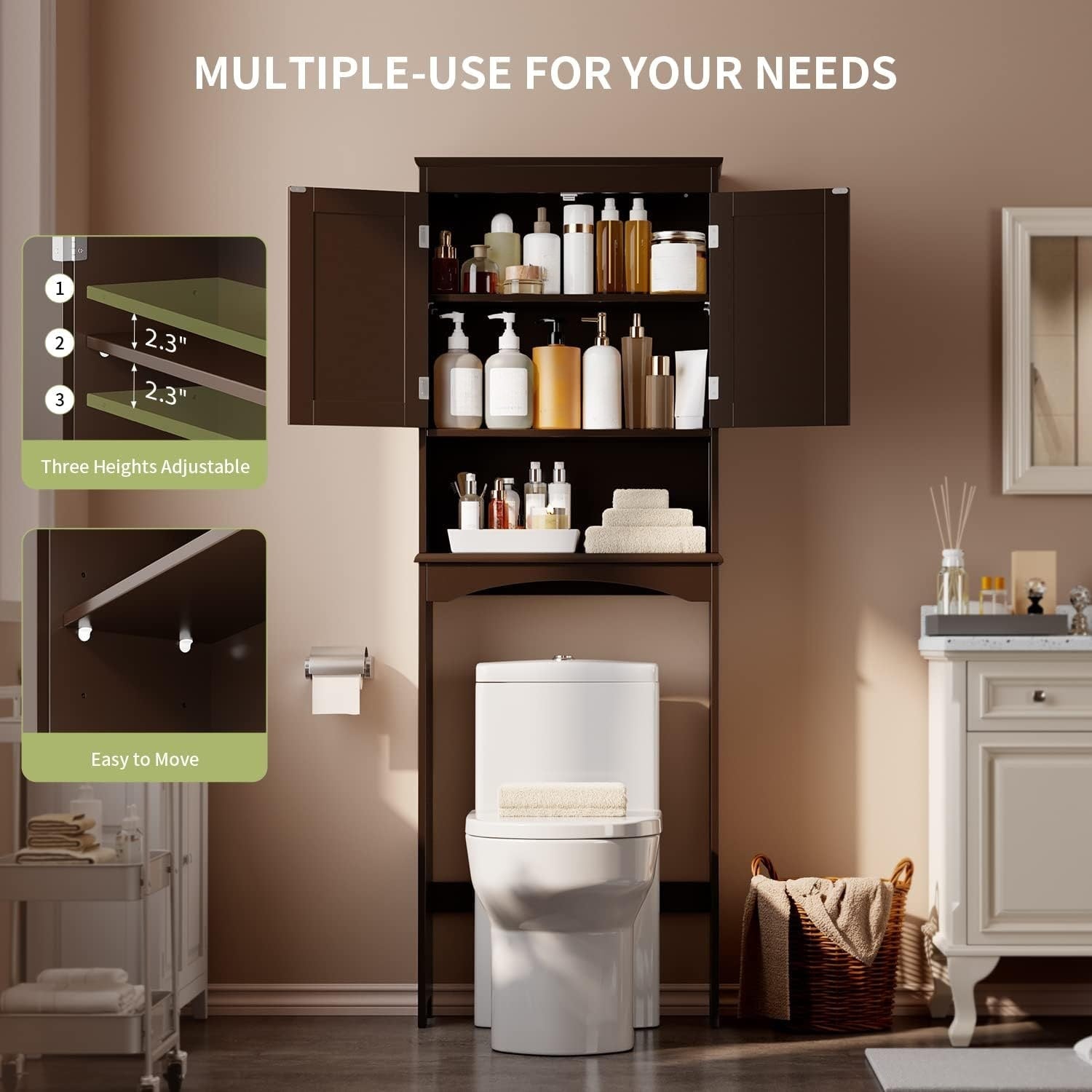 Meuble de rangement pour salle de bain, meuble de rangement pour toilettes, étagère de salle de bain au-dessus des toilettes, toilettes gain de place