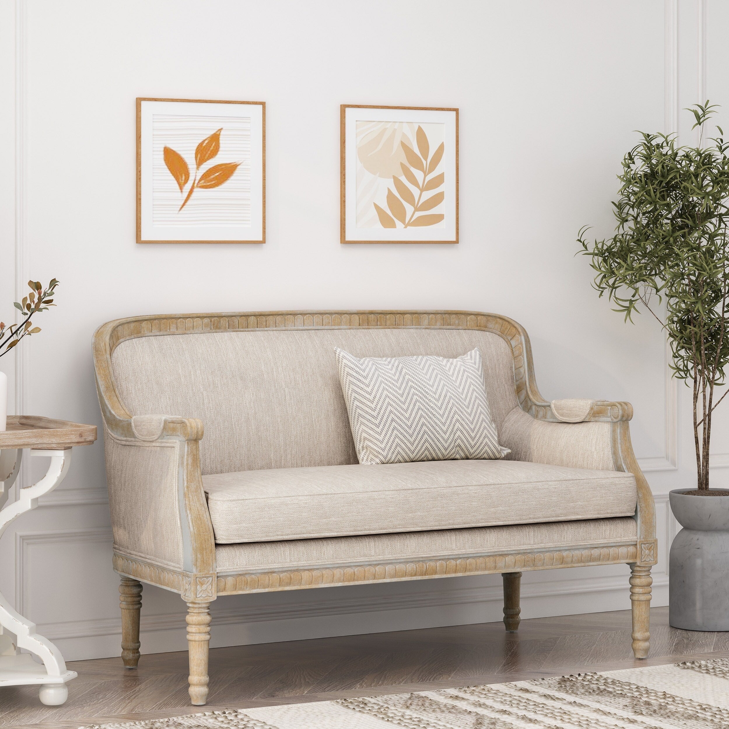 Canapé causeuse en bois beige et brun avec cadre en bois d'hévéa