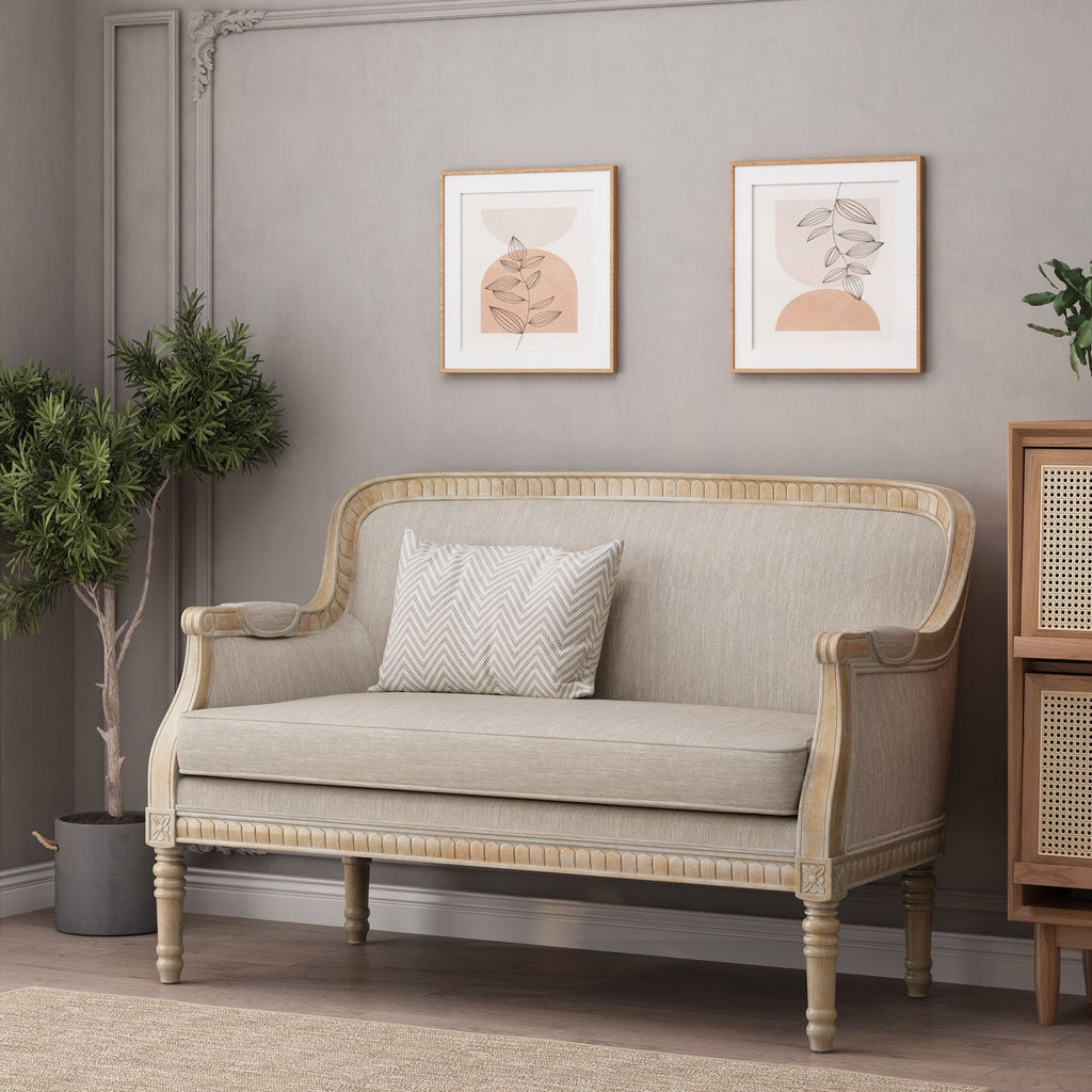 Canapé causeuse en bois beige et brun avec cadre en bois d'hévéa