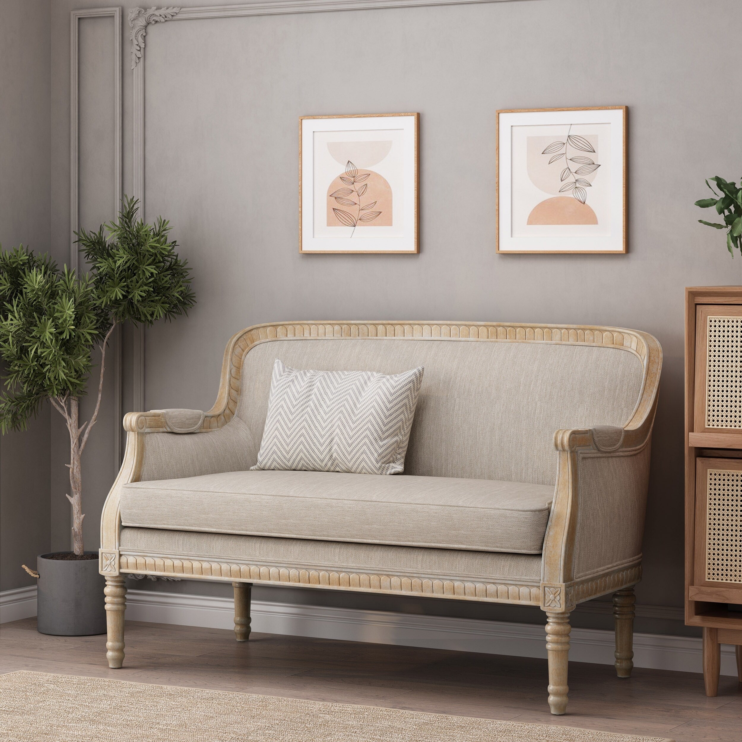 Canapé causeuse en bois beige et brun avec cadre en bois d'hévéa