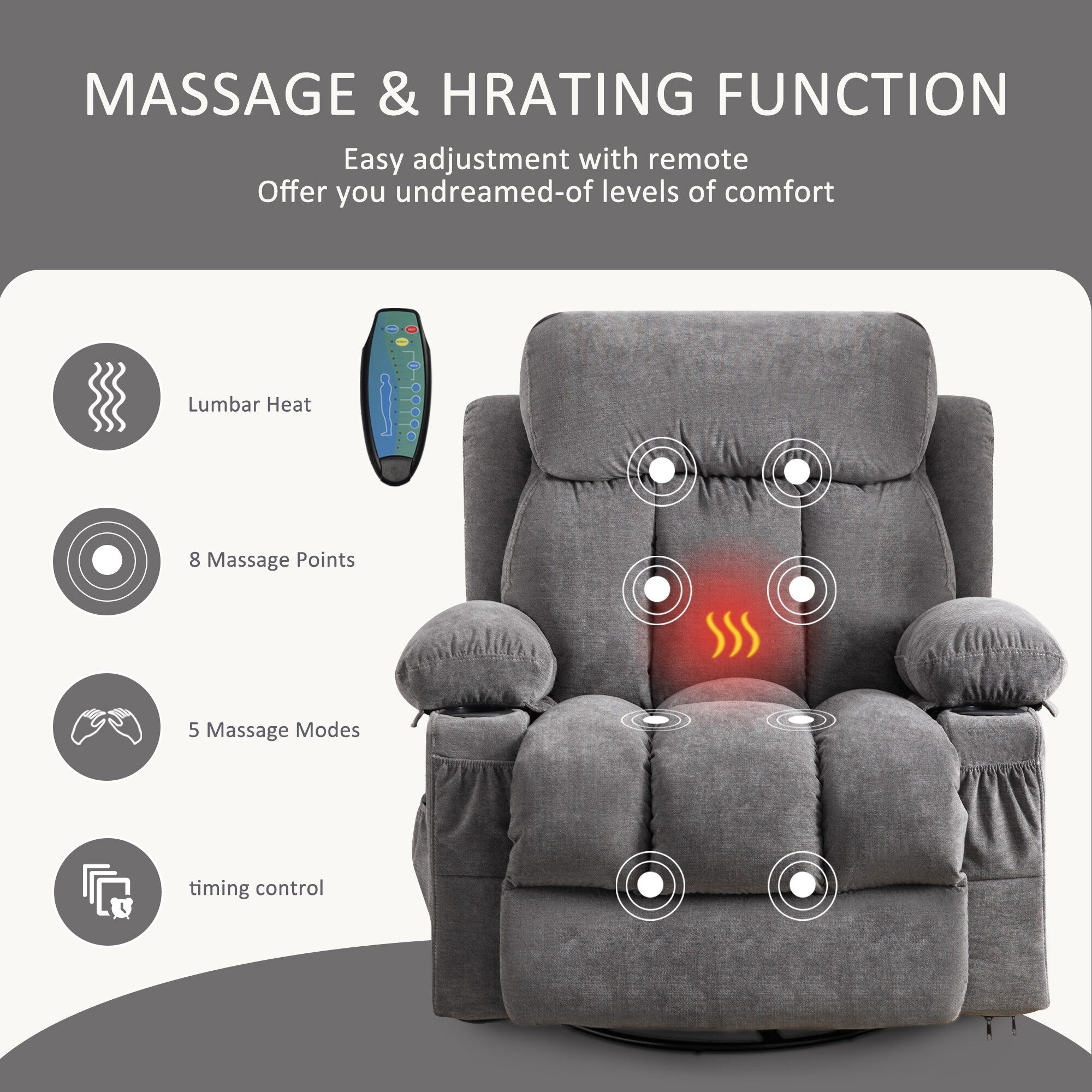 Fauteuil inclinable pivotant beige avec massage, chauffage et chargement USB