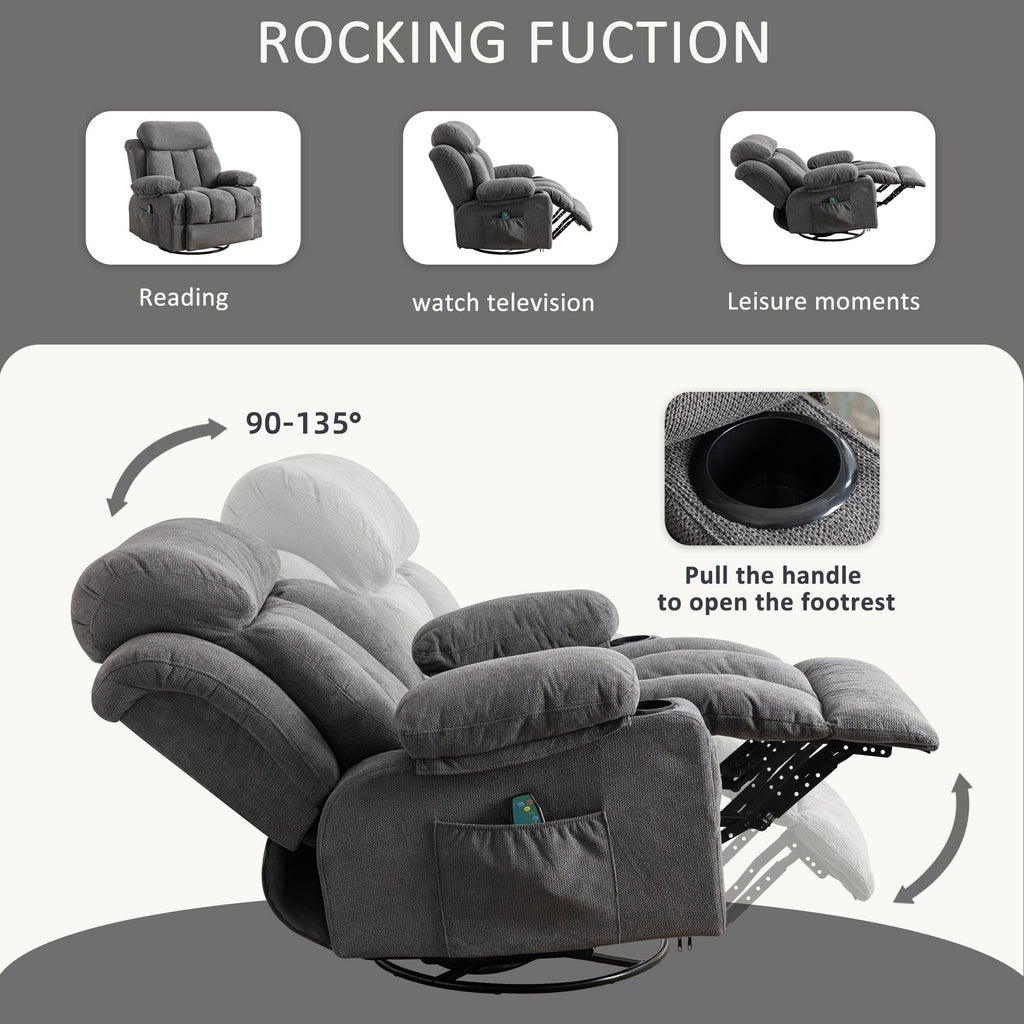 Fauteuil inclinable pivotant beige avec massage, chauffage et chargement USB