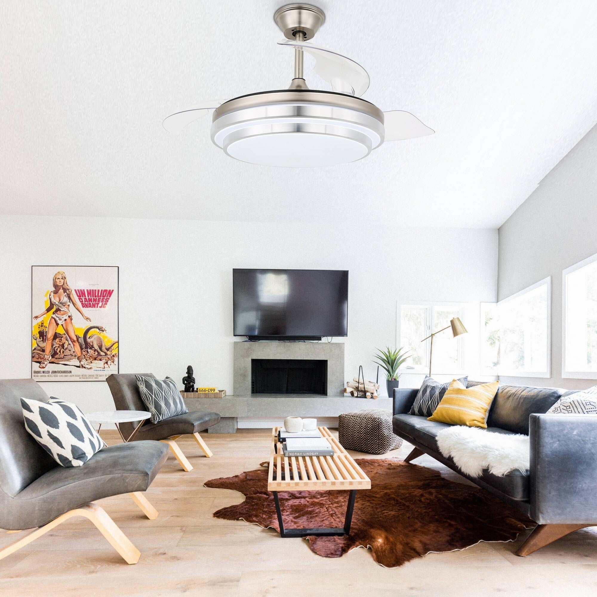 Ventilateur de plafond rétractable moderne Bella Depot 36 avec éclairage LED, pales réversibles à 6 vitesses et télécommande