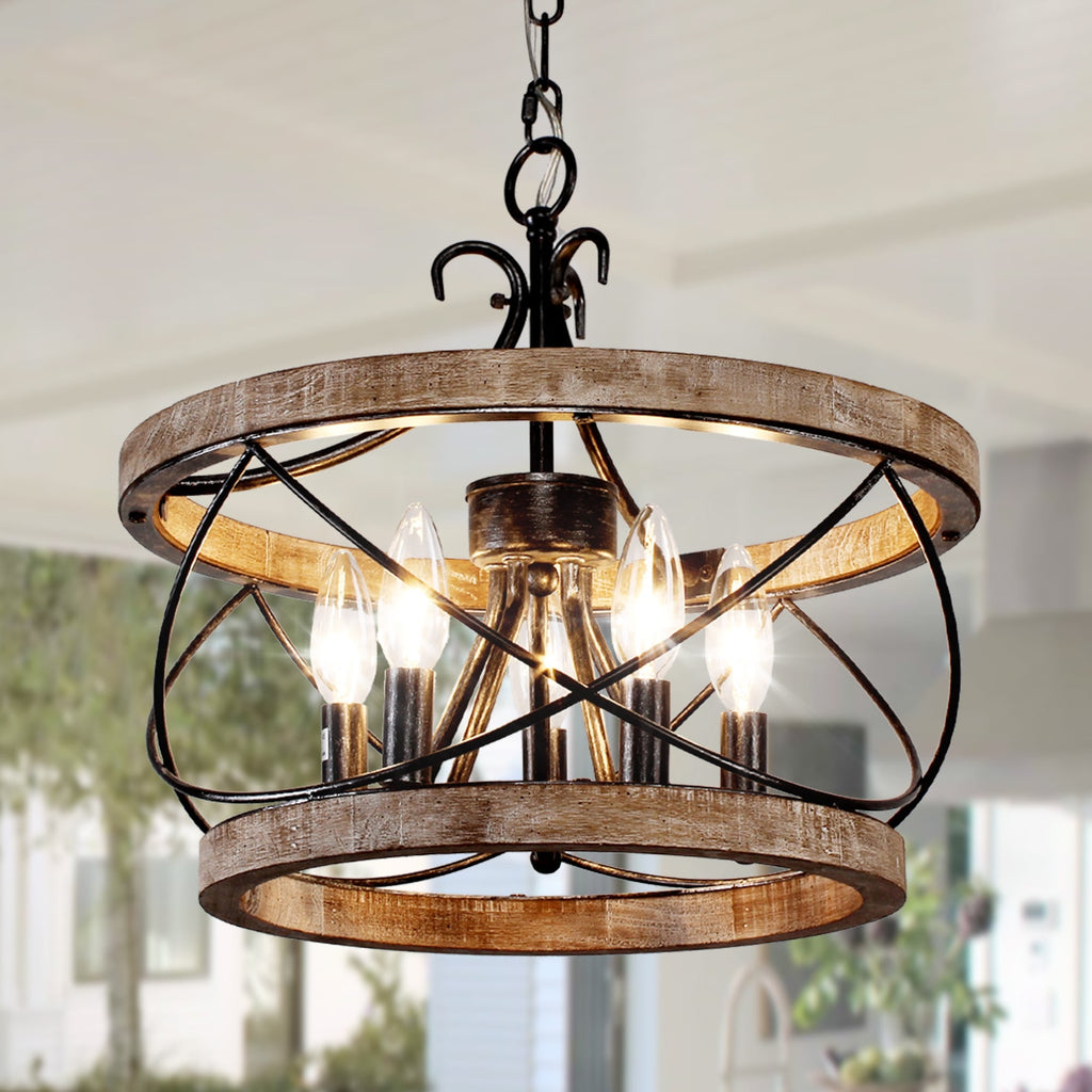 Lustre cage rustique en bois Bella Depot à 5 lumières, éclairage à intensité variable, suspension réglable de 15,7 pouces pour îlot de cuisine