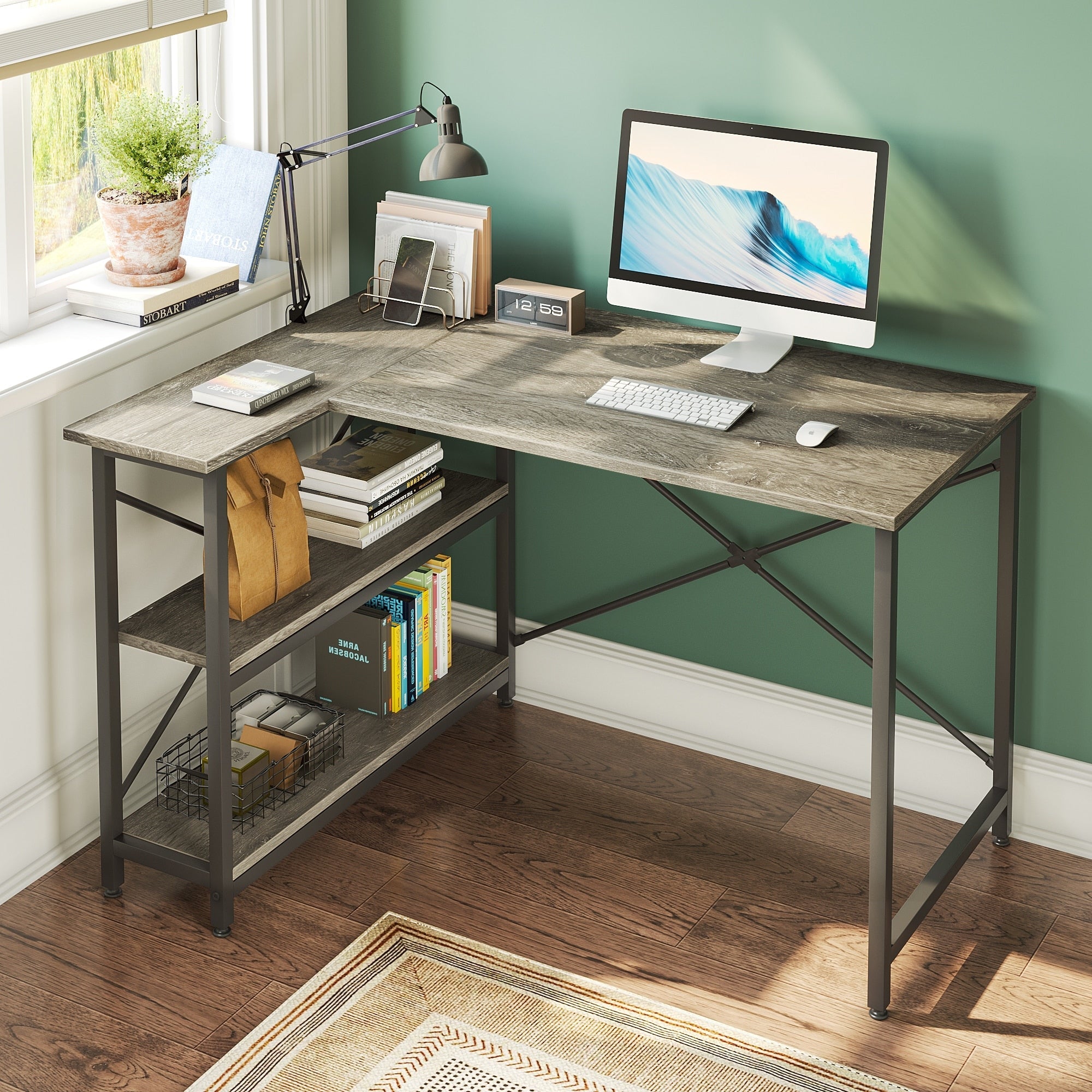 Petit bureau en L avec étagères de rangement Bureau d'ordinateur d'angle