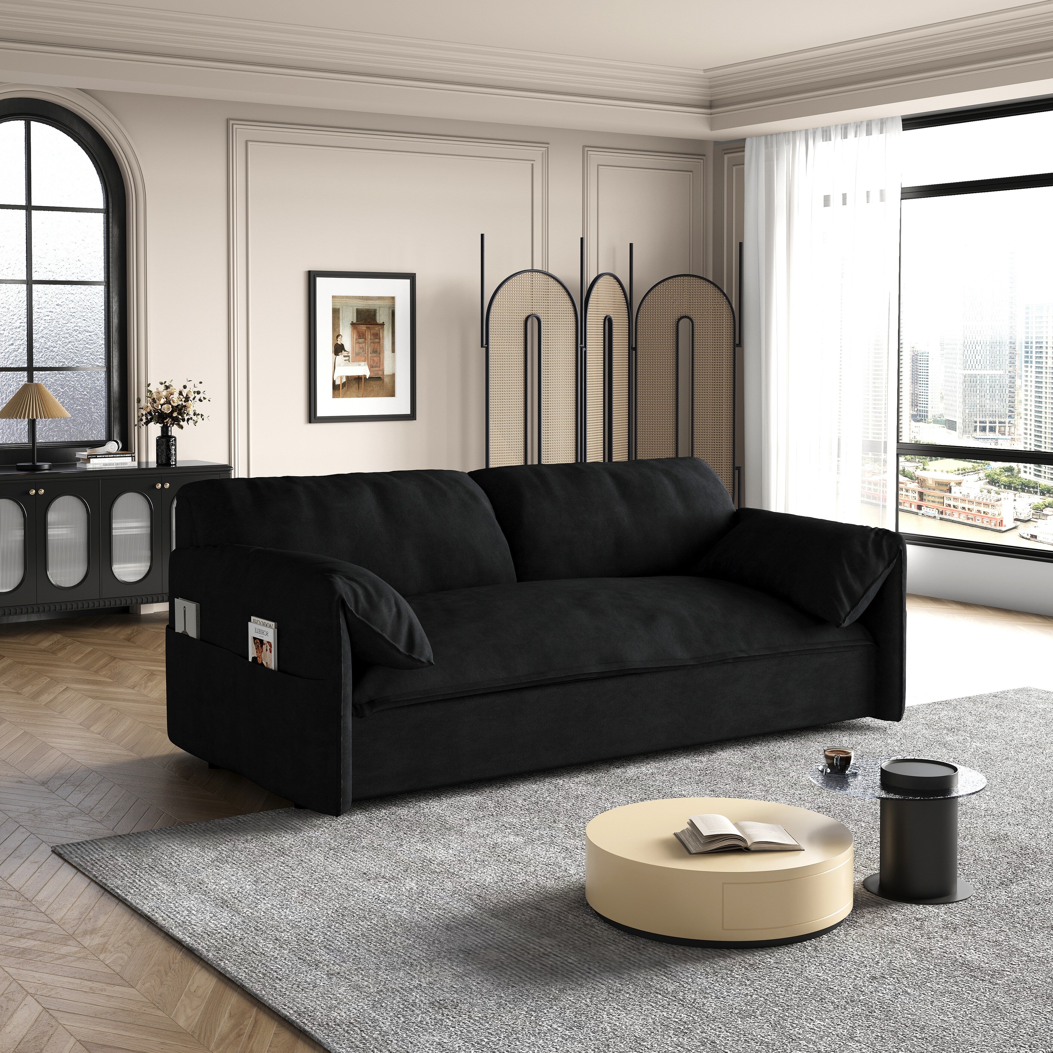 Canapé-lit gigogne 3-en-1 en velours noir 63,8 avec rangement latéral pour le salon