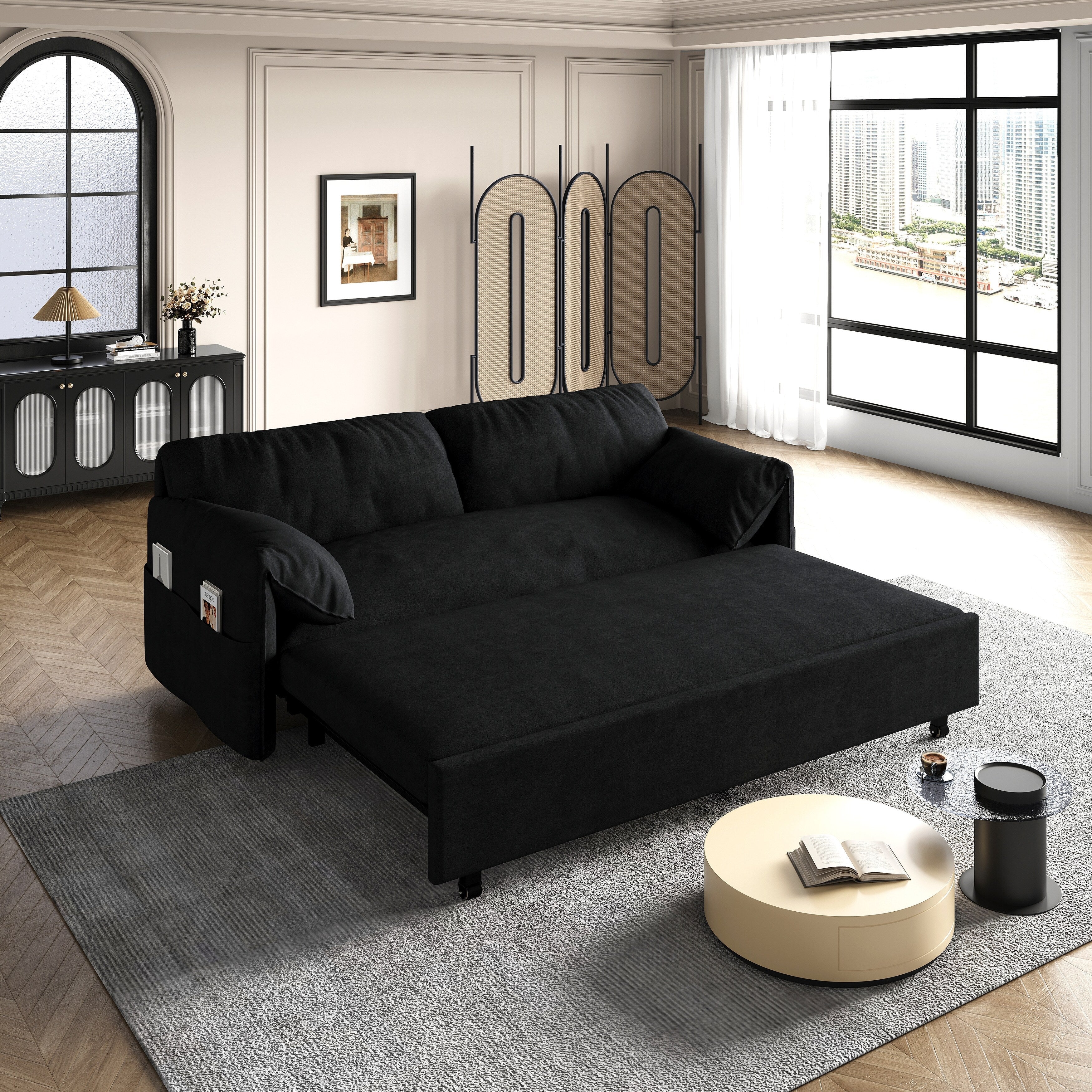 Canapé-lit gigogne 3-en-1 en velours noir 63,8 avec rangement latéral pour le salon