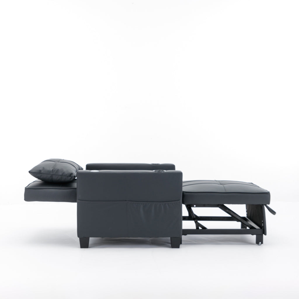 Canapé-lit convertible en similicuir noir avec ports USB