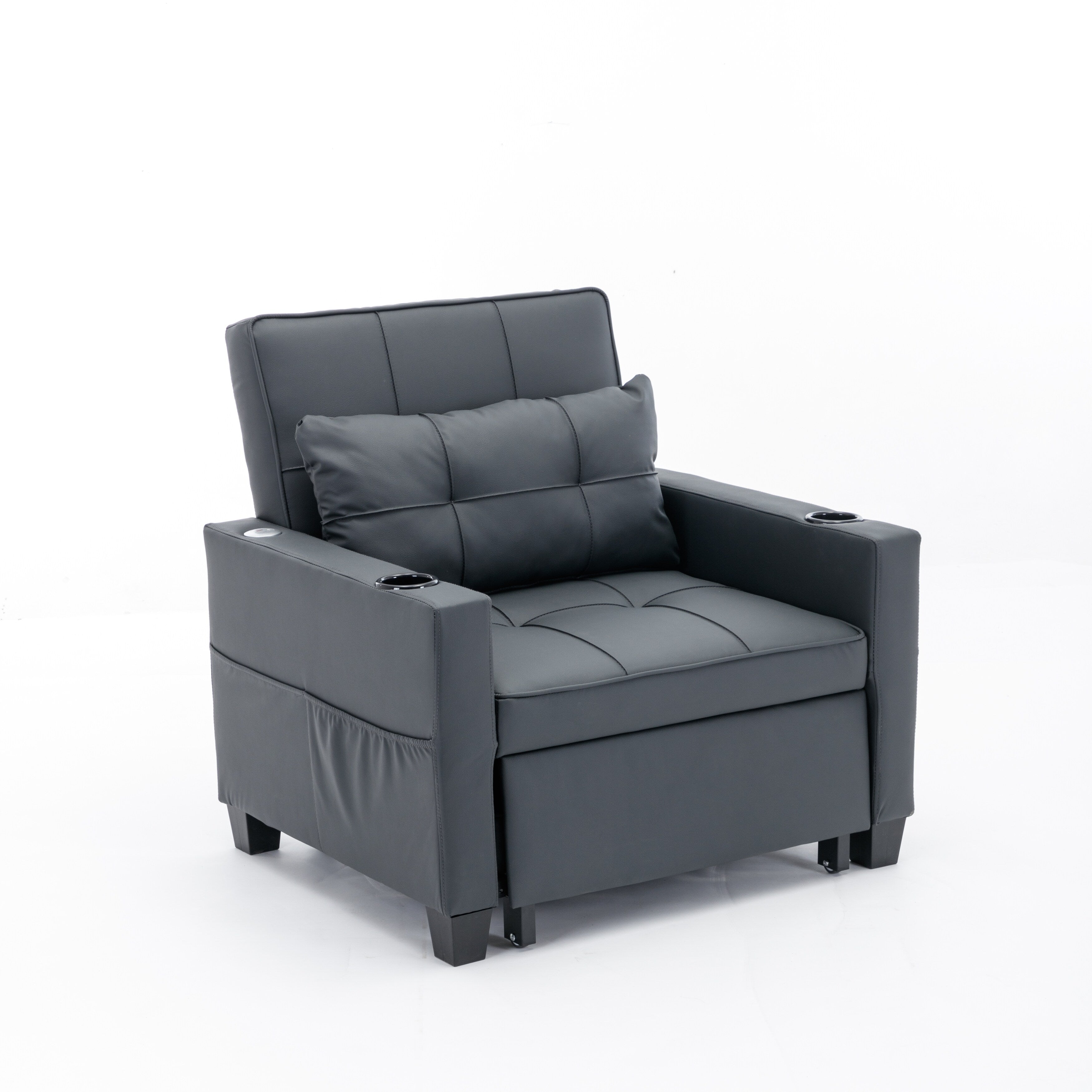 Canapé-lit convertible en similicuir noir avec ports USB