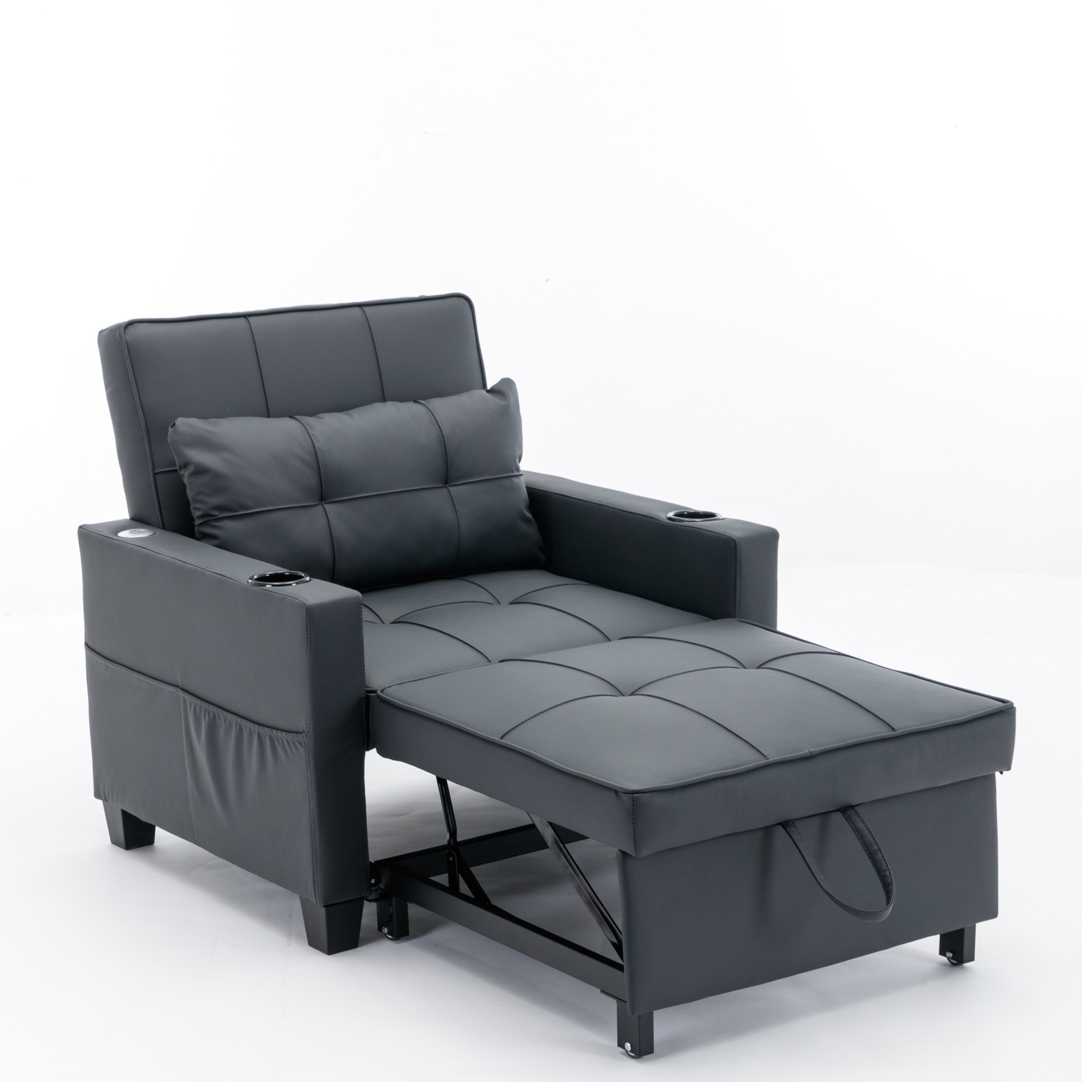 Canapé-lit convertible en similicuir noir avec ports USB
