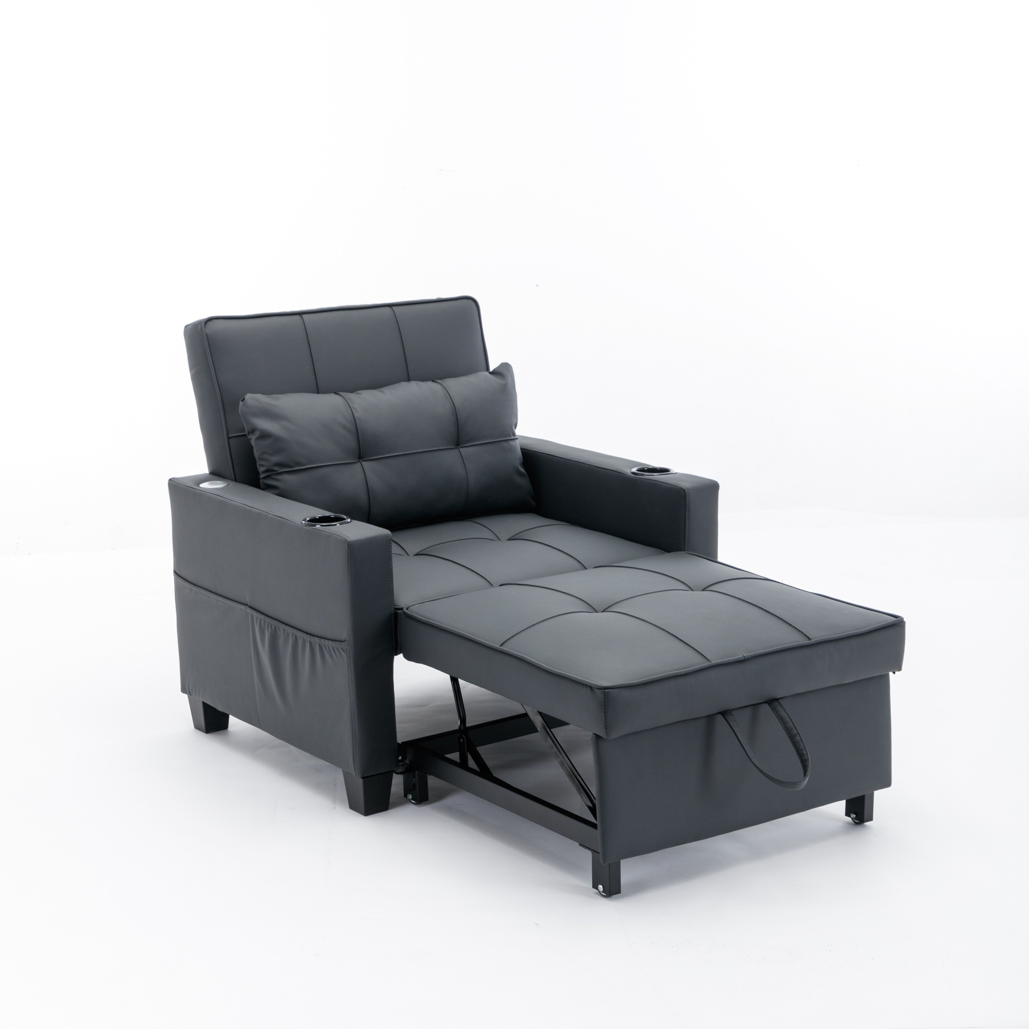 Canapé-lit convertible en similicuir noir avec ports USB
