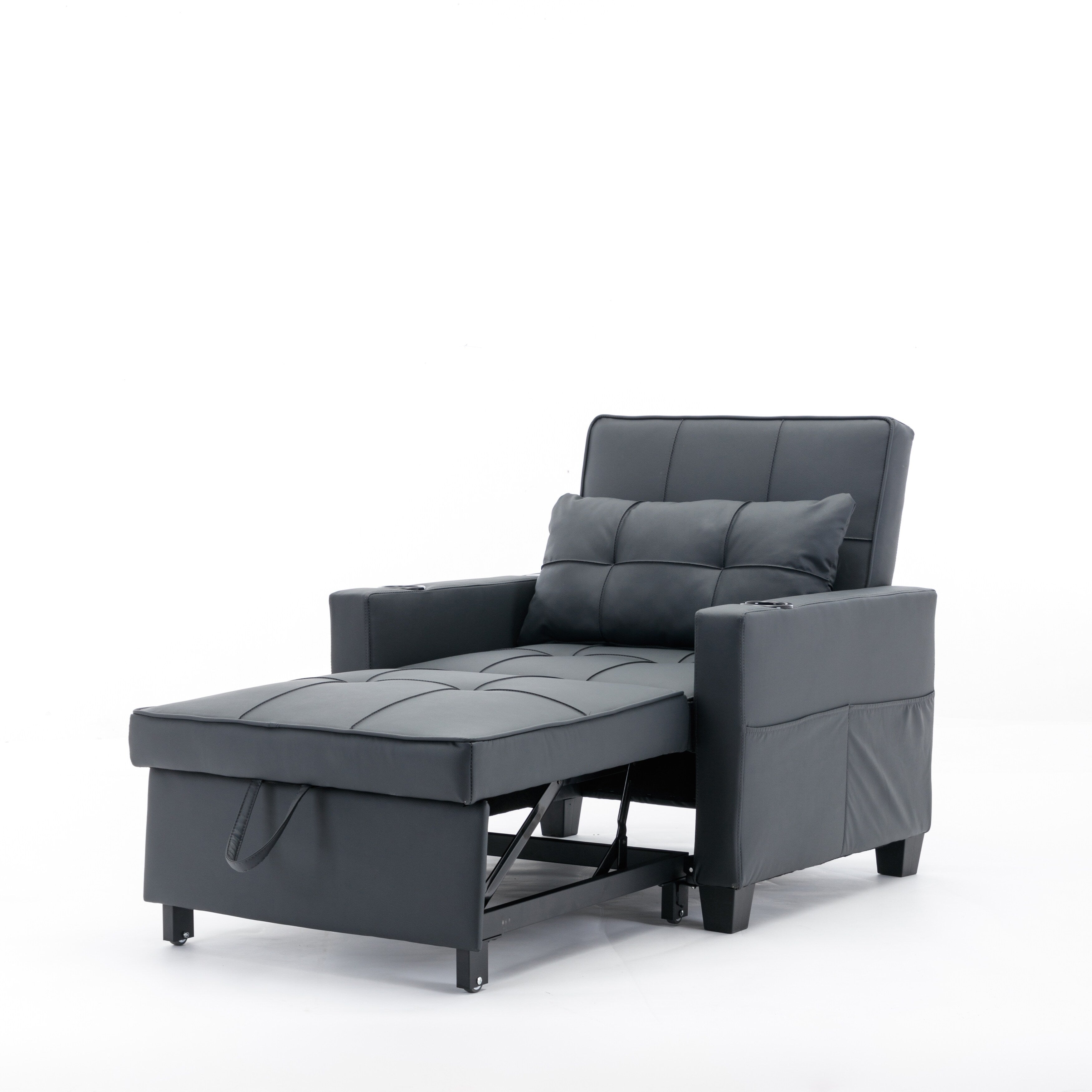 Canapé-lit convertible en similicuir noir avec ports USB
