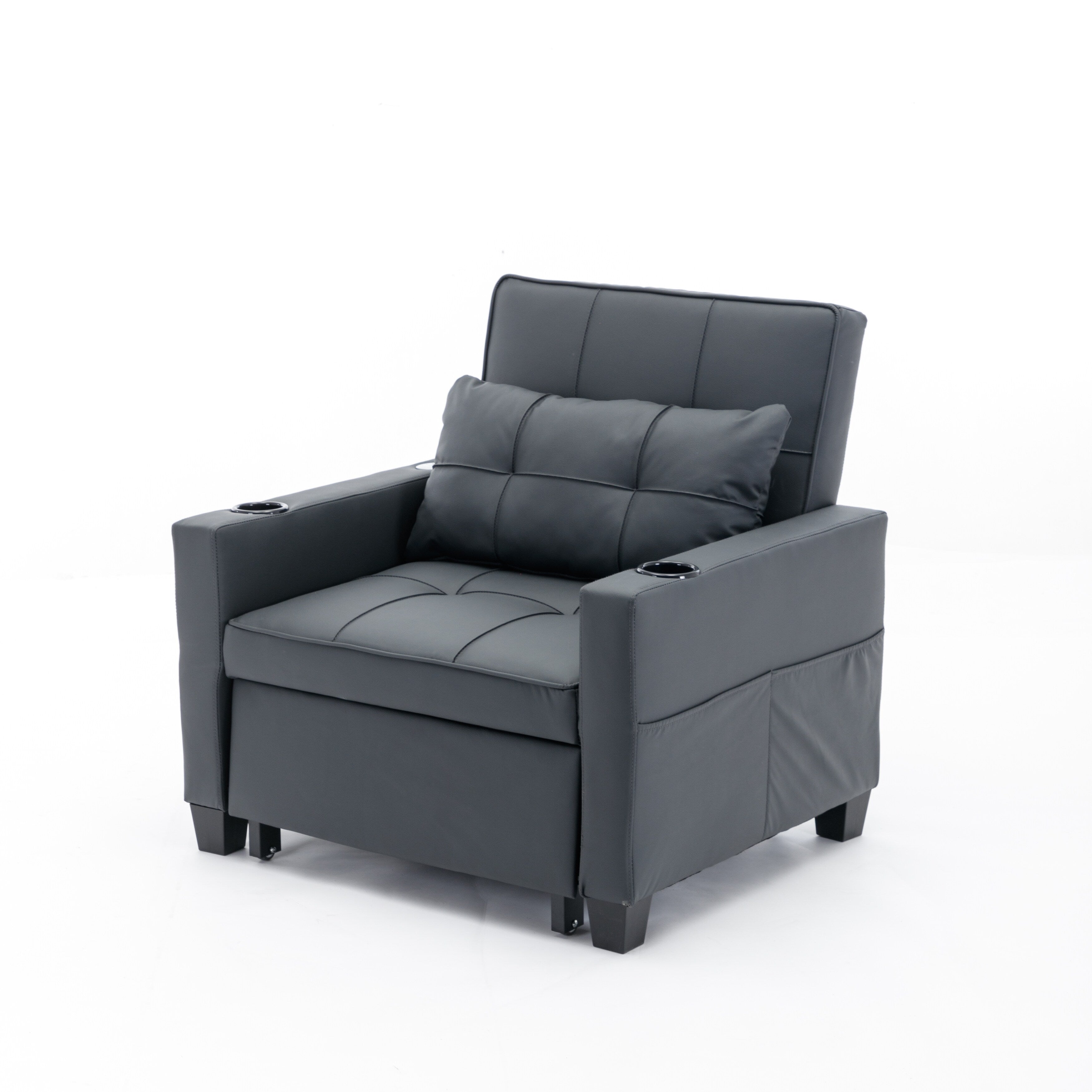 Canapé-lit convertible en similicuir noir avec ports USB