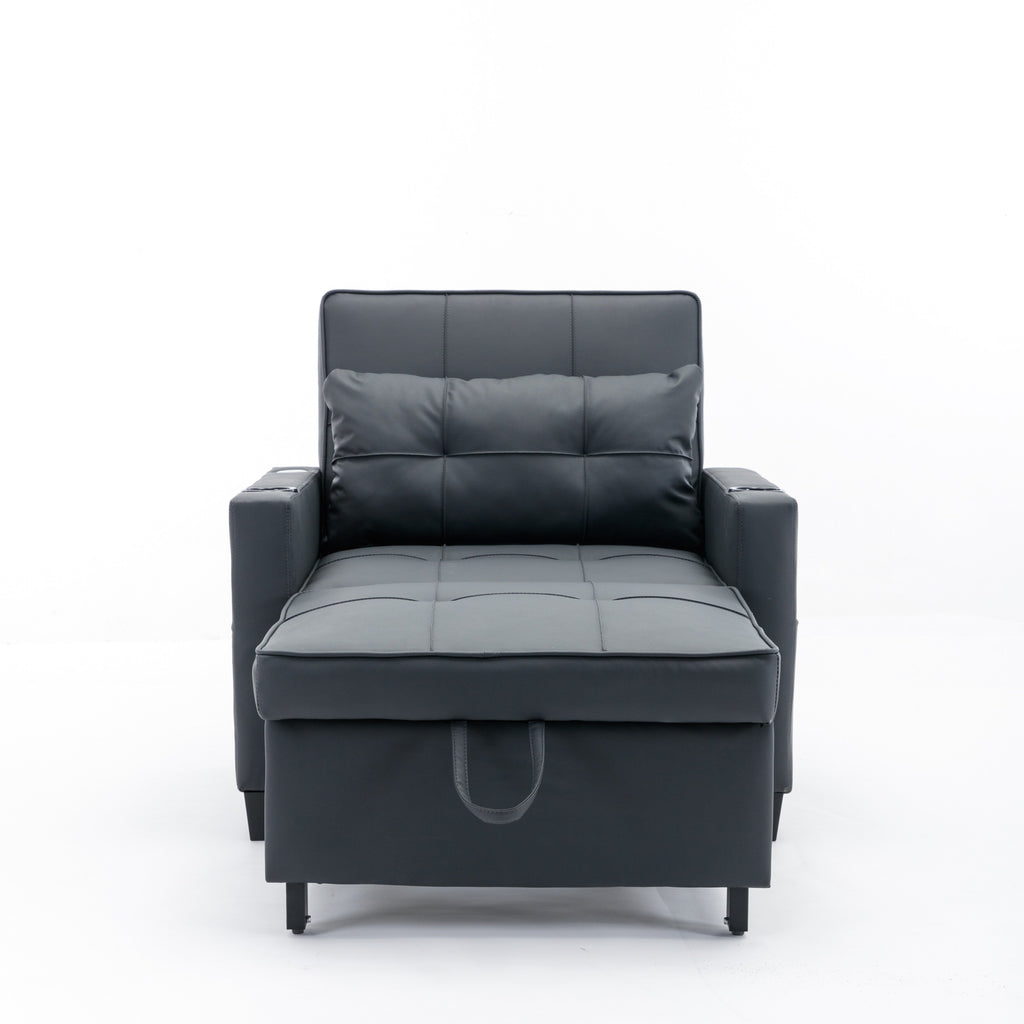 Canapé-lit convertible en similicuir noir avec ports USB