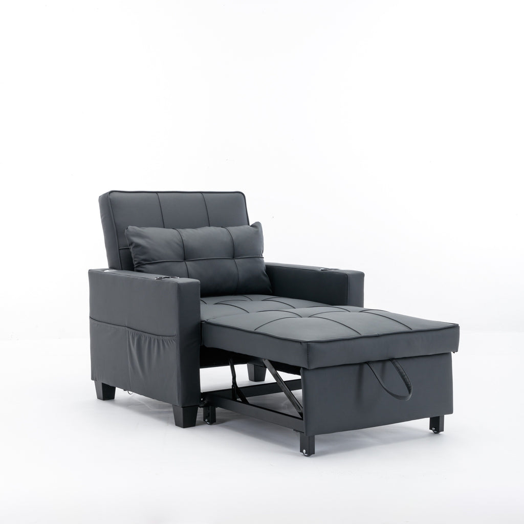 Canapé-lit convertible en similicuir noir avec ports USB