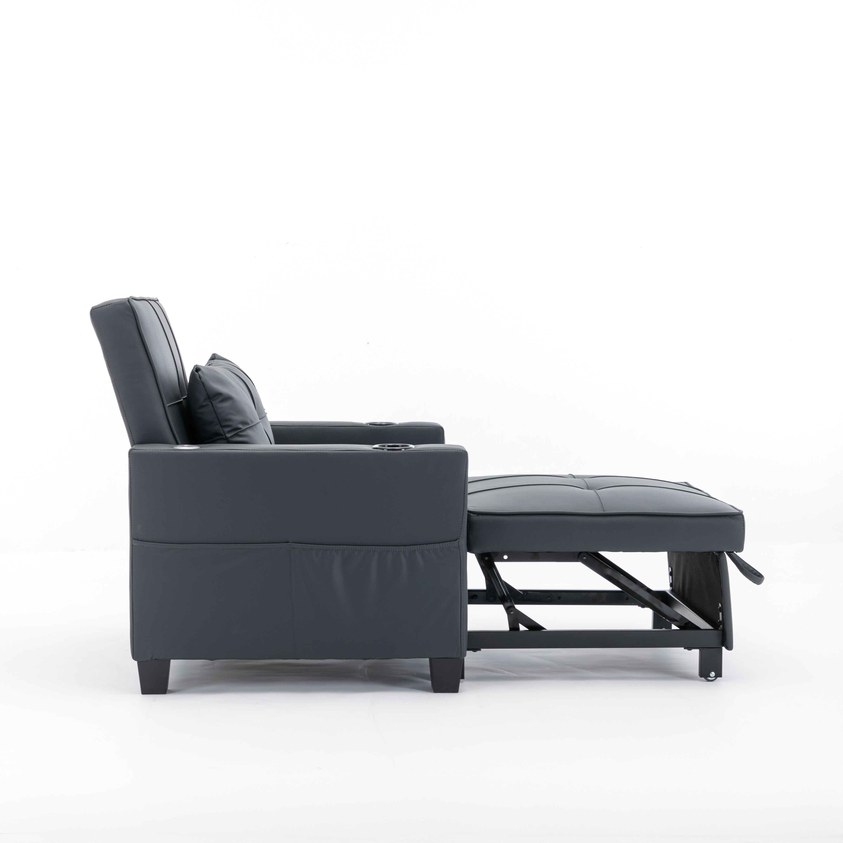 Canapé-lit convertible en similicuir noir avec ports USB