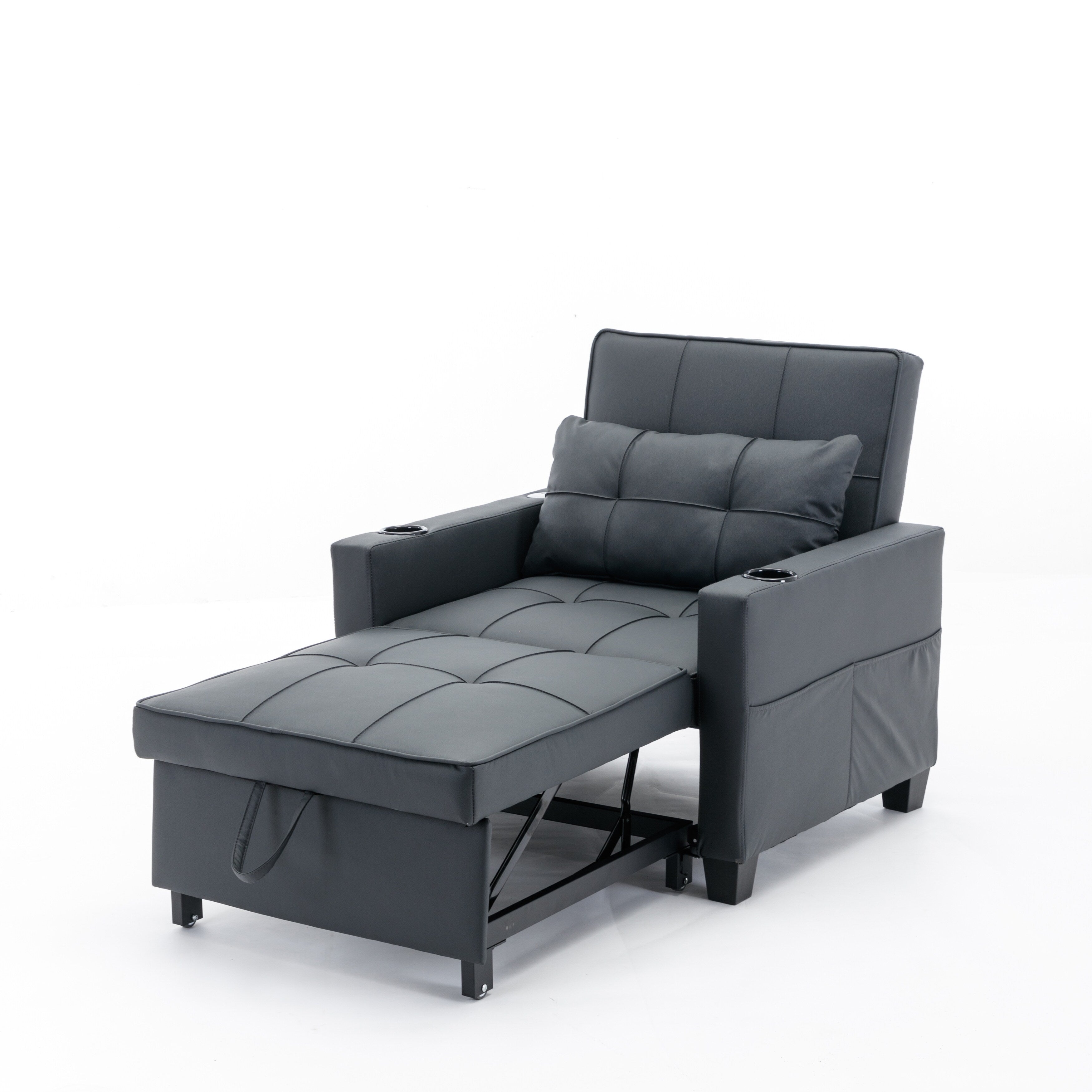 Canapé-lit convertible en similicuir noir avec ports USB