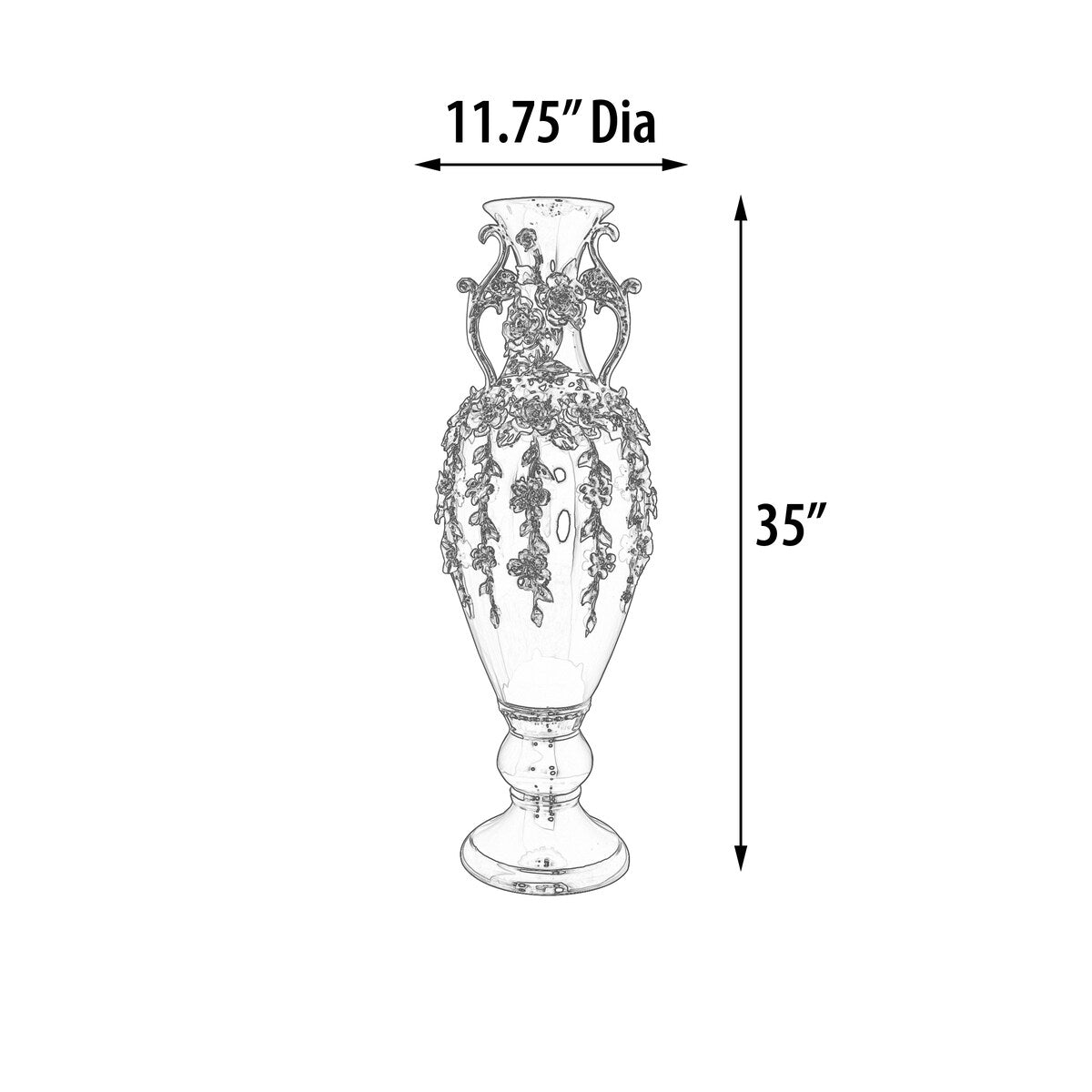 Superbe vase orné de bijoux en forme de fleuron noir et argent de 35 pouces de hauteur