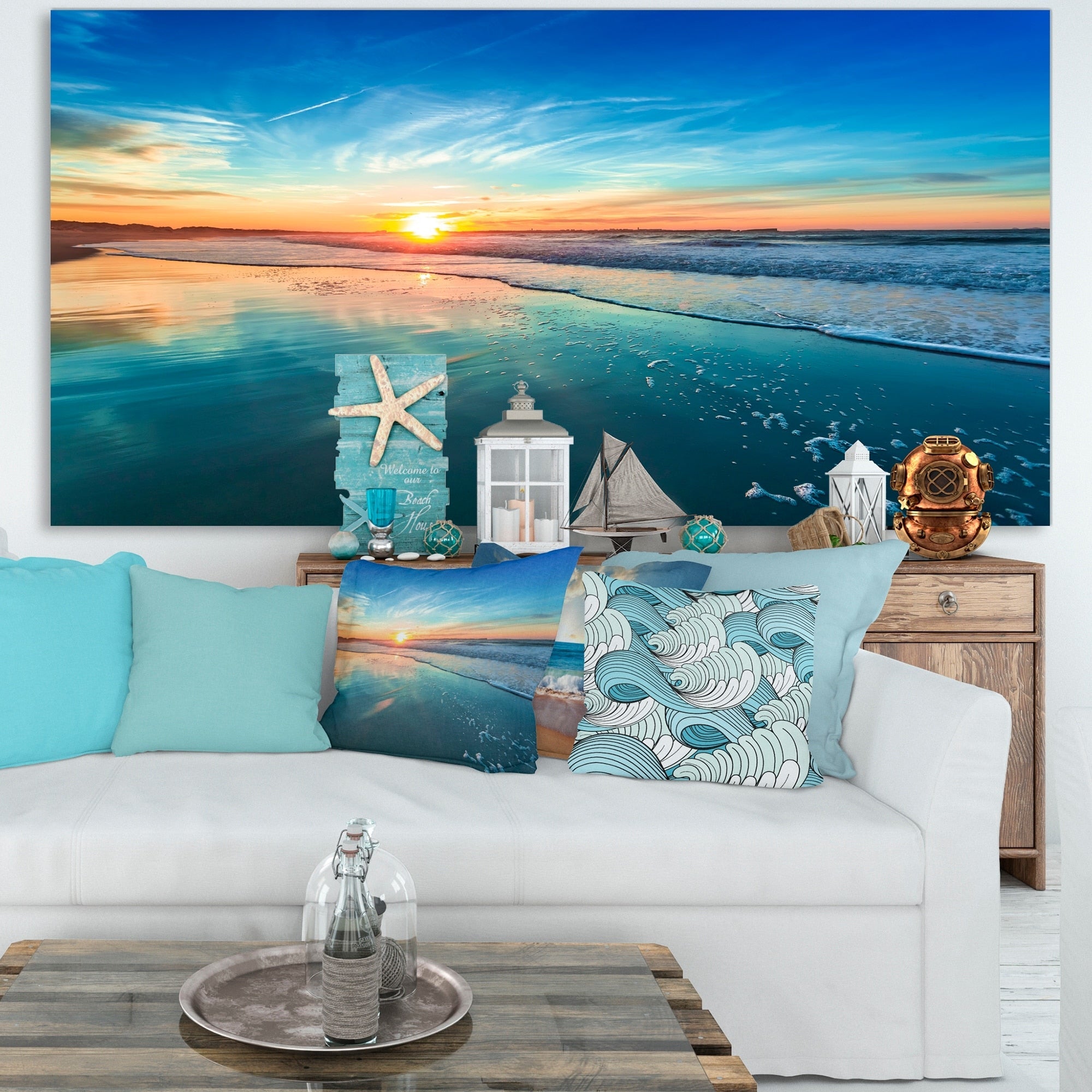 Coucher de soleil bleu au loin - Toile murale bord de mer