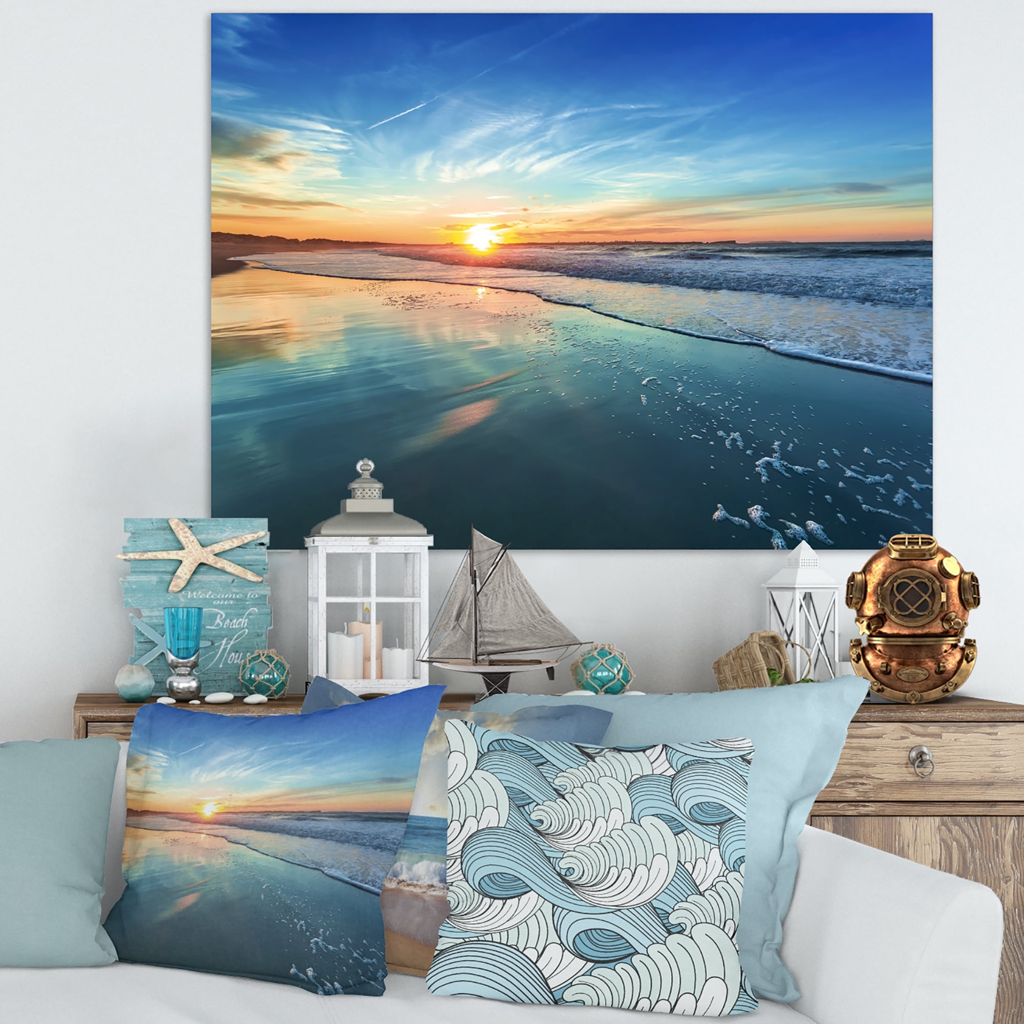 Coucher de soleil bleu au loin - Toile murale bord de mer