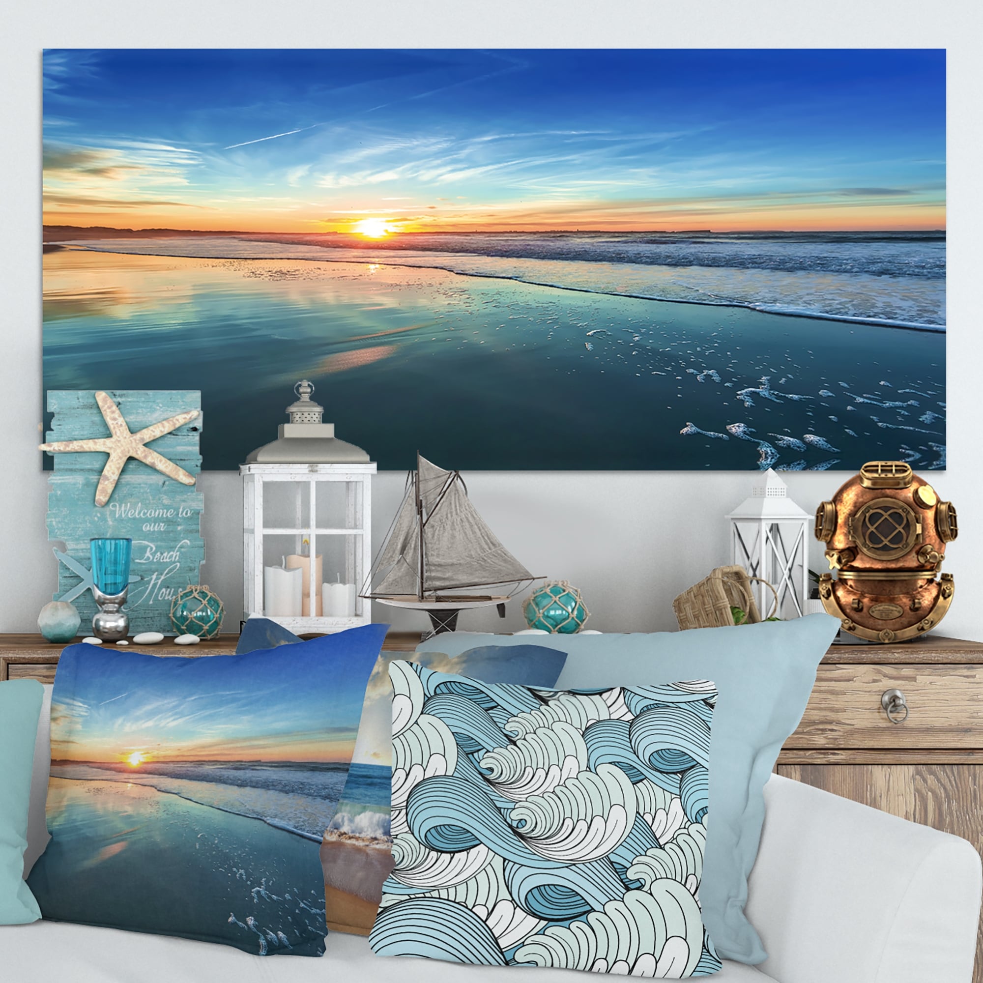 Coucher de soleil bleu au loin - Toile murale bord de mer