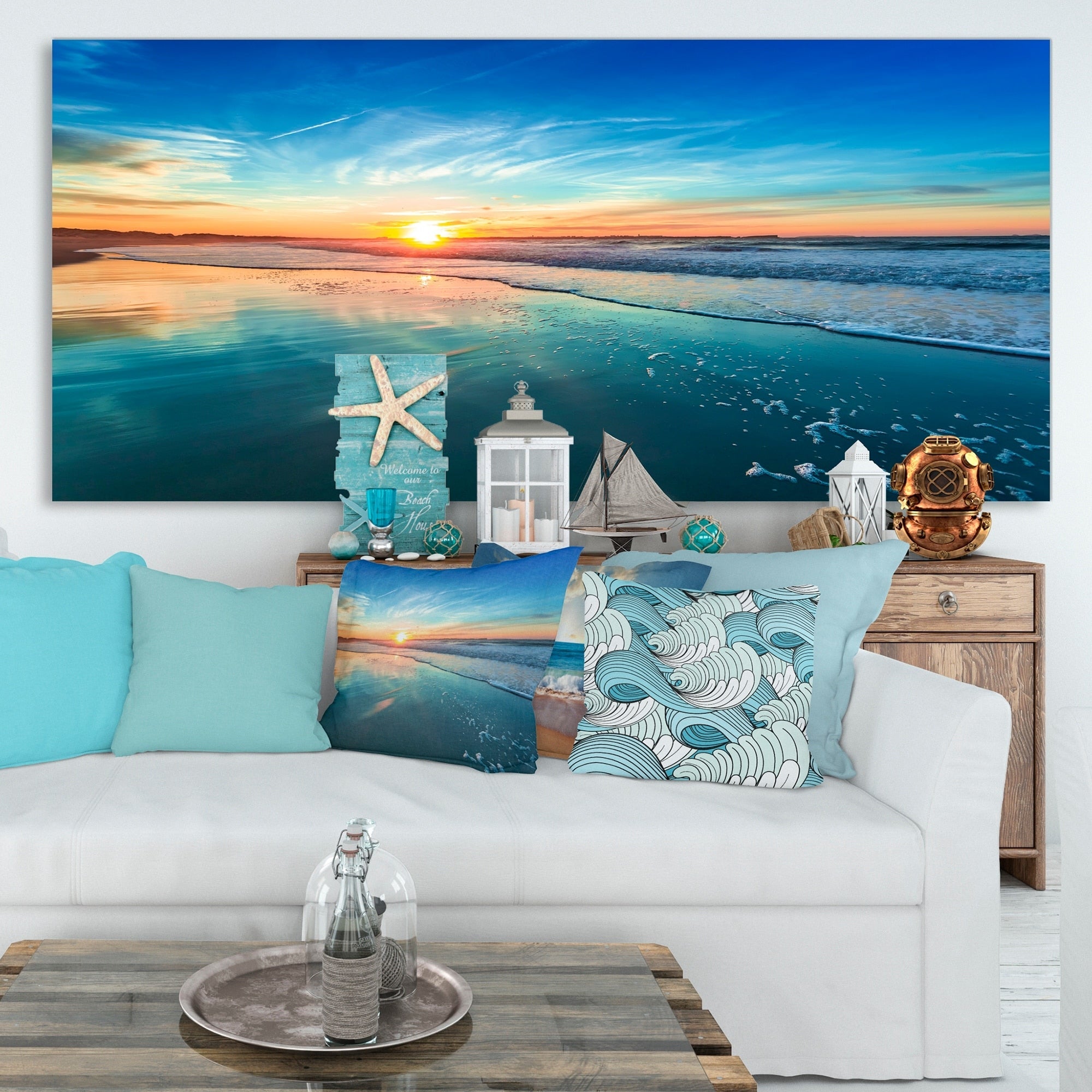 Coucher de soleil bleu au loin - Toile murale bord de mer