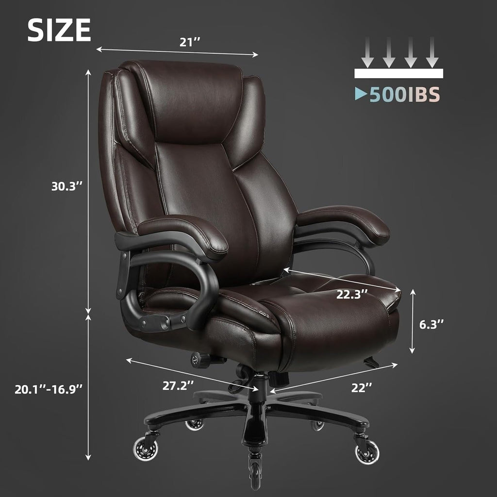 Chaise de bureau exécutive Bossin Big and Tall, chaise ergonomique à support lombaire réglable de 500 lb avec dossier haut en cuir PU pour ordinateur