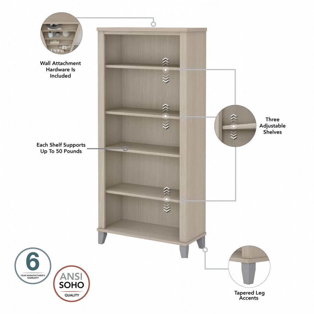 Bibliothèque haute à 5 étagères Bush Furniture Somerset avec tablettes réglables