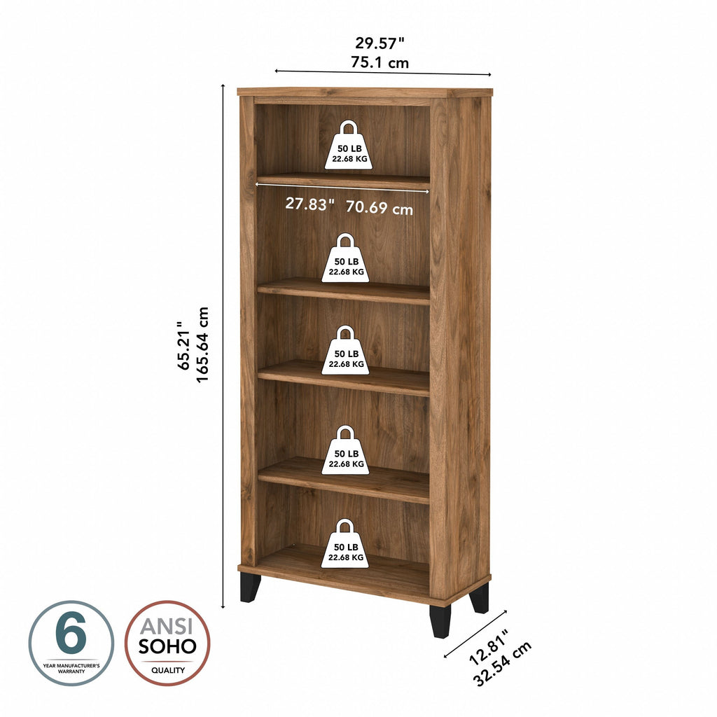 Bibliothèque haute à 5 étagères Bush Furniture Somerset avec tablettes réglables