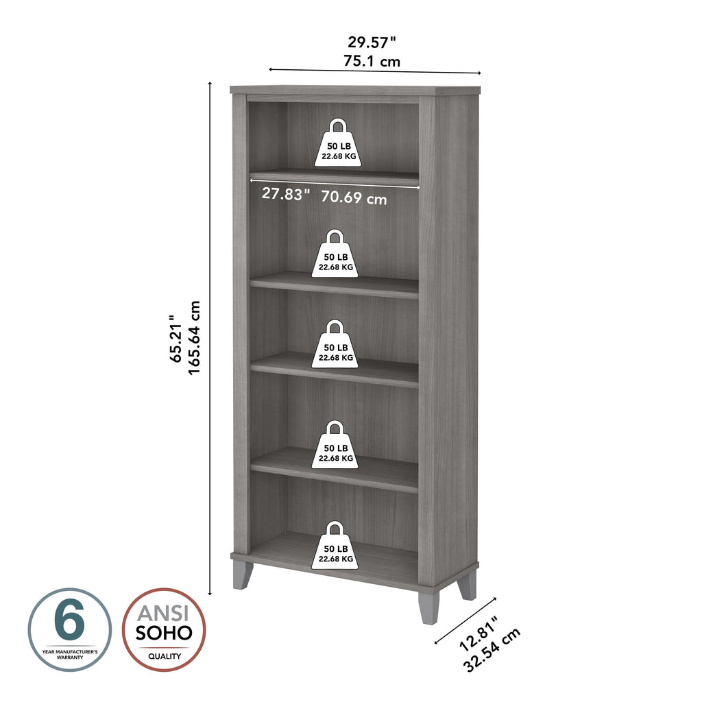 Bibliothèque haute à 5 étagères Bush Furniture Somerset avec tablettes réglables