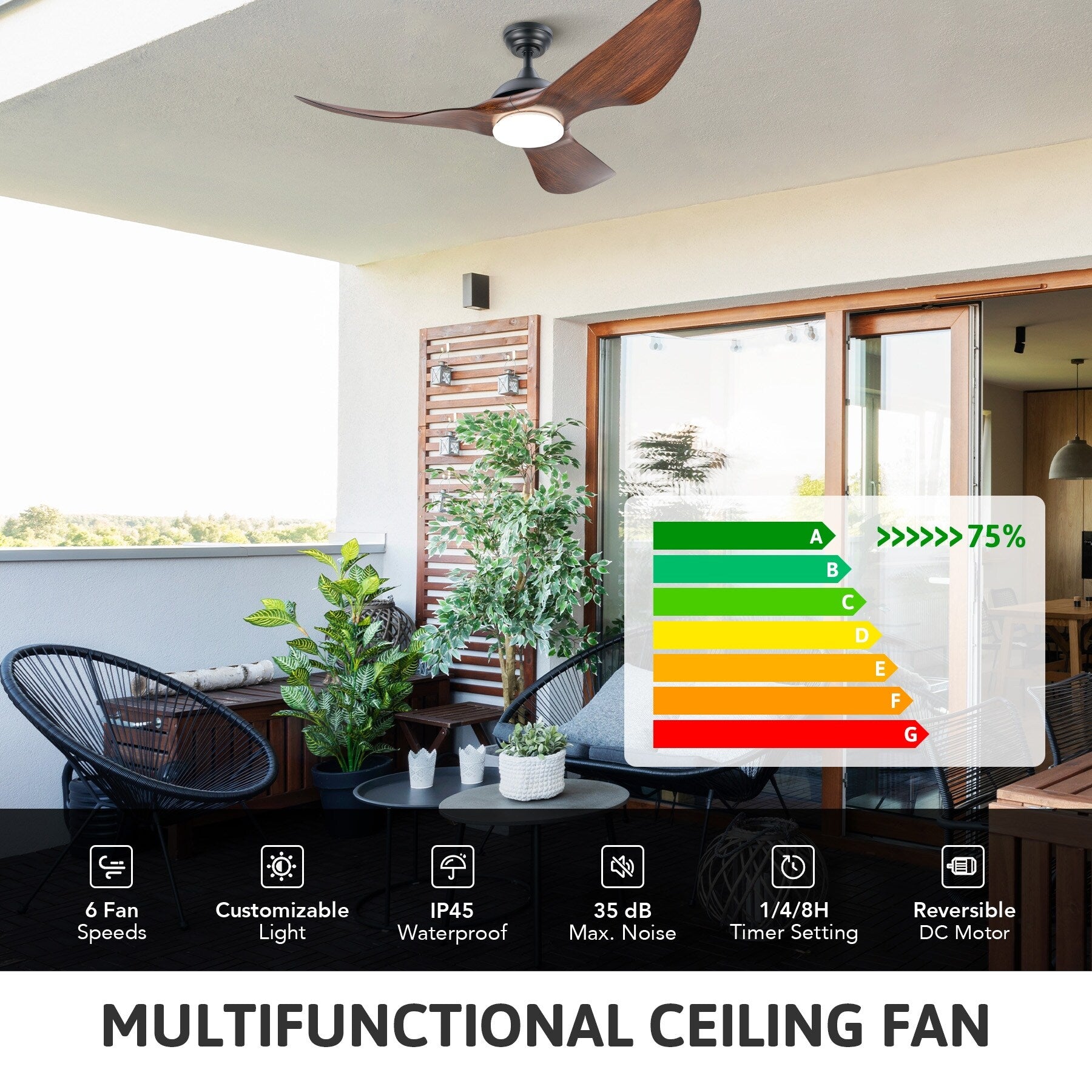 Ventilateur de plafond LED CO-Z 52 d'extérieur étanche avec éclairage à intensité variable et télécommande