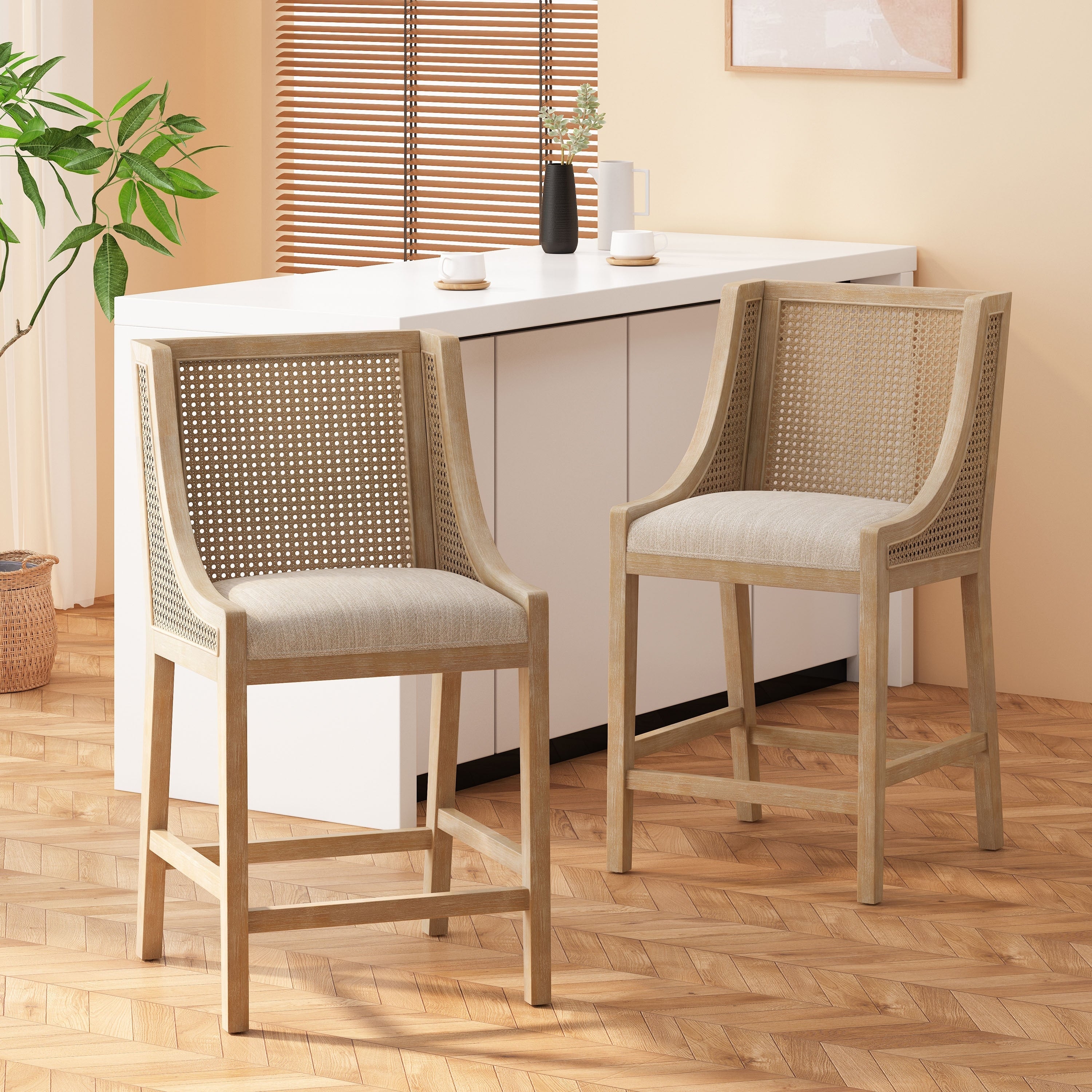 Tabourets de bar Christopher Knight Home Cataldo en tissu, bois et rotin, 25,5 pouces (lot de 2)
