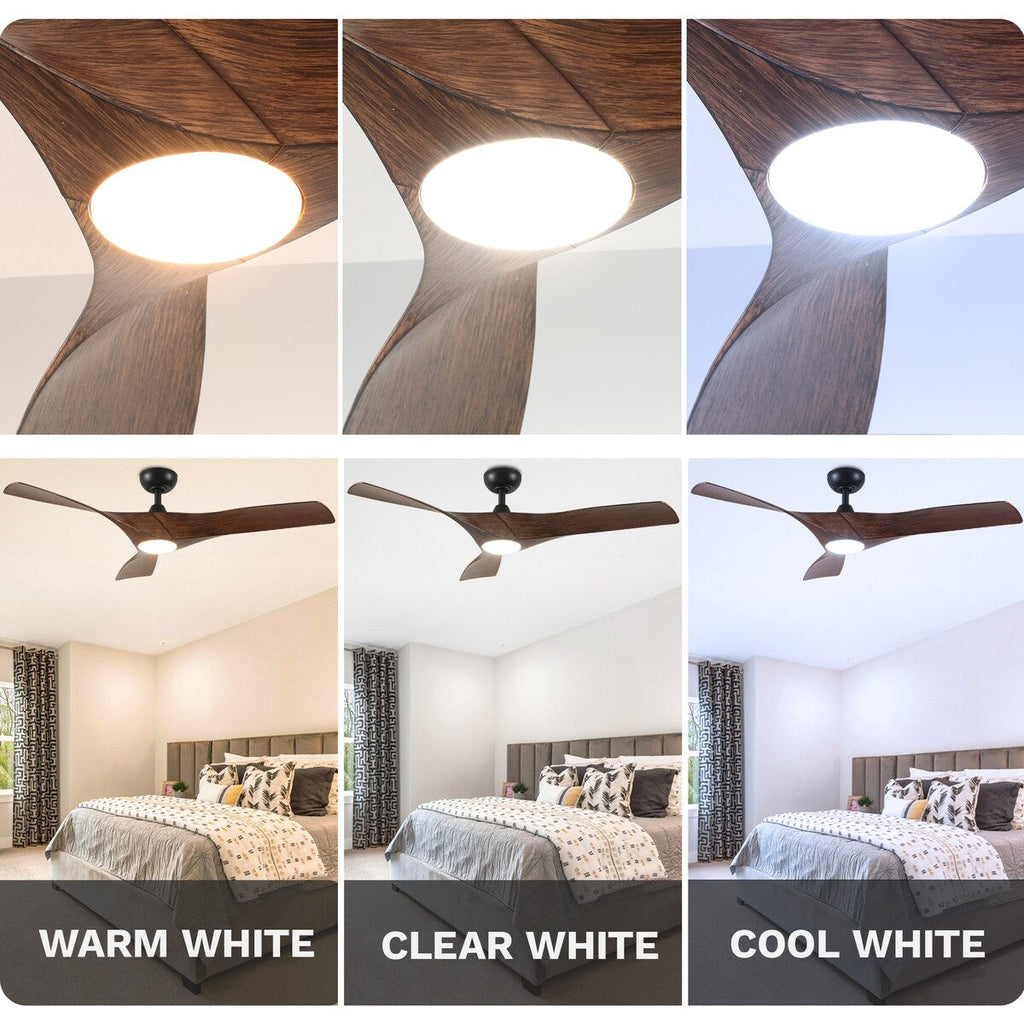 Ventilateur de plafond avec télécommande, éclairage LED tricolore à intensité variable, 52 pouces