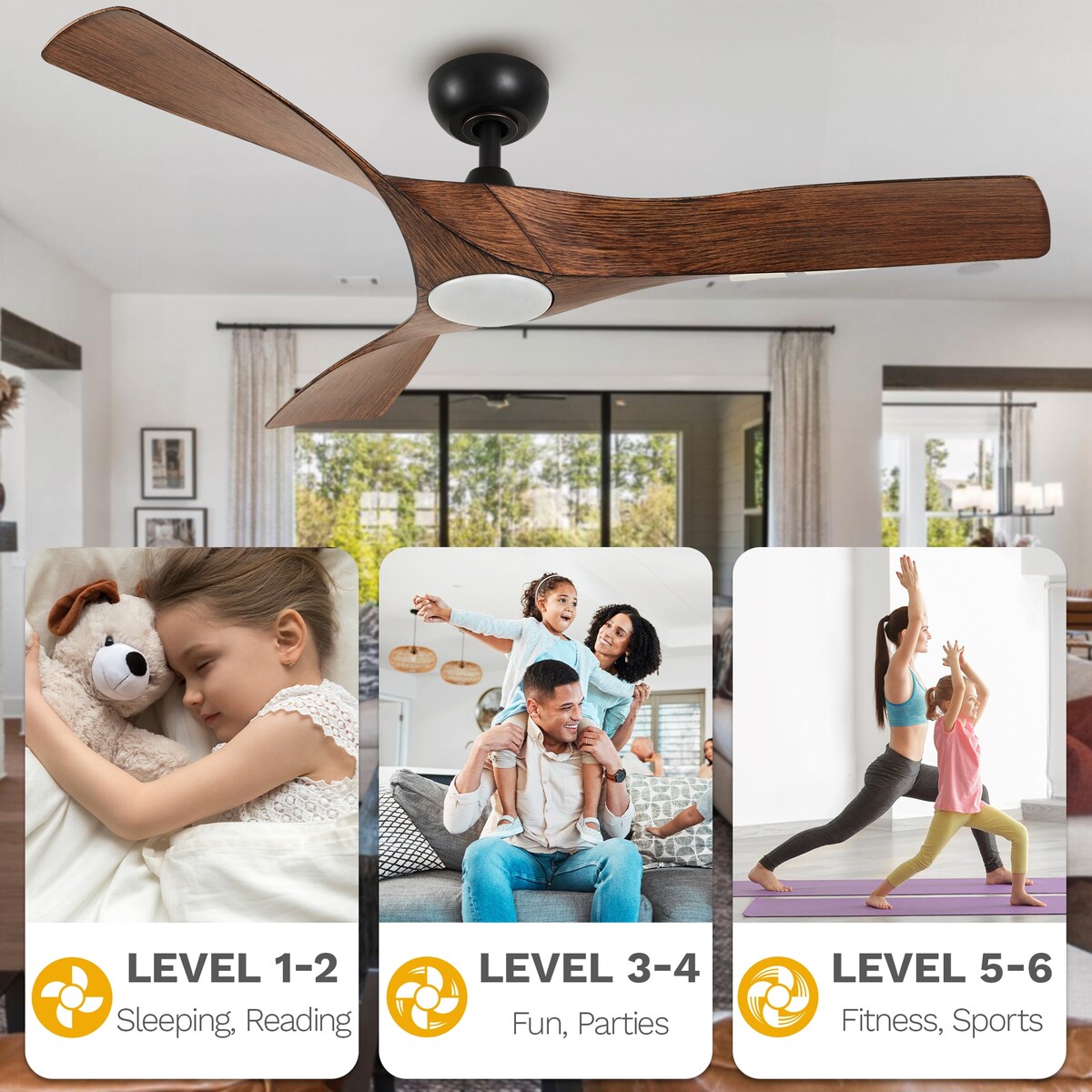 Ventilateur de plafond avec télécommande, éclairage LED tricolore à intensité variable, 52 pouces
