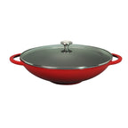Wok Chasseur en fonte émaillée rouge française de 16 pouces avec couvercle en verre