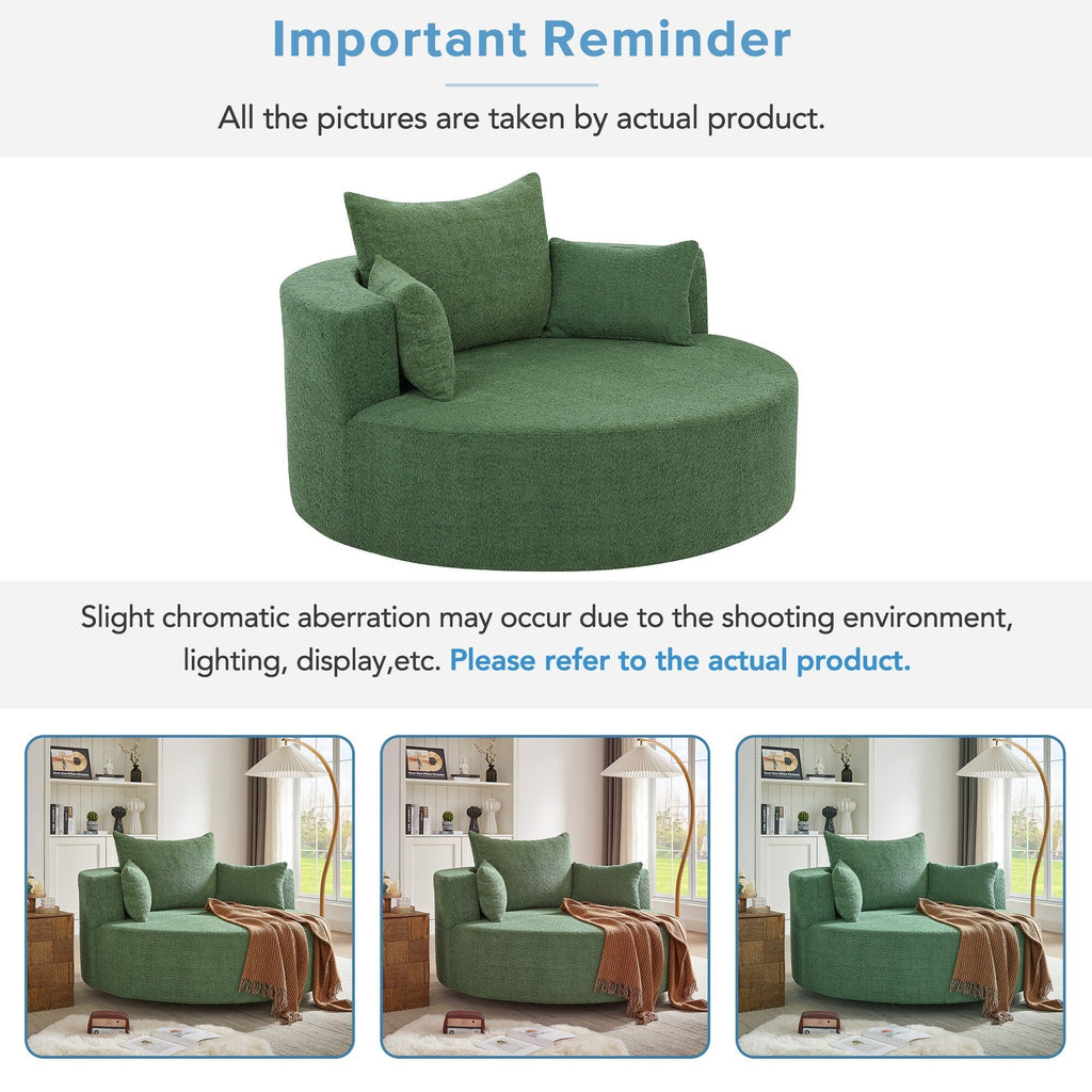 Fauteuil d'appoint en chenille, fauteuil rond avec base pivotante à 360 degrés et 3 coussins amovibles