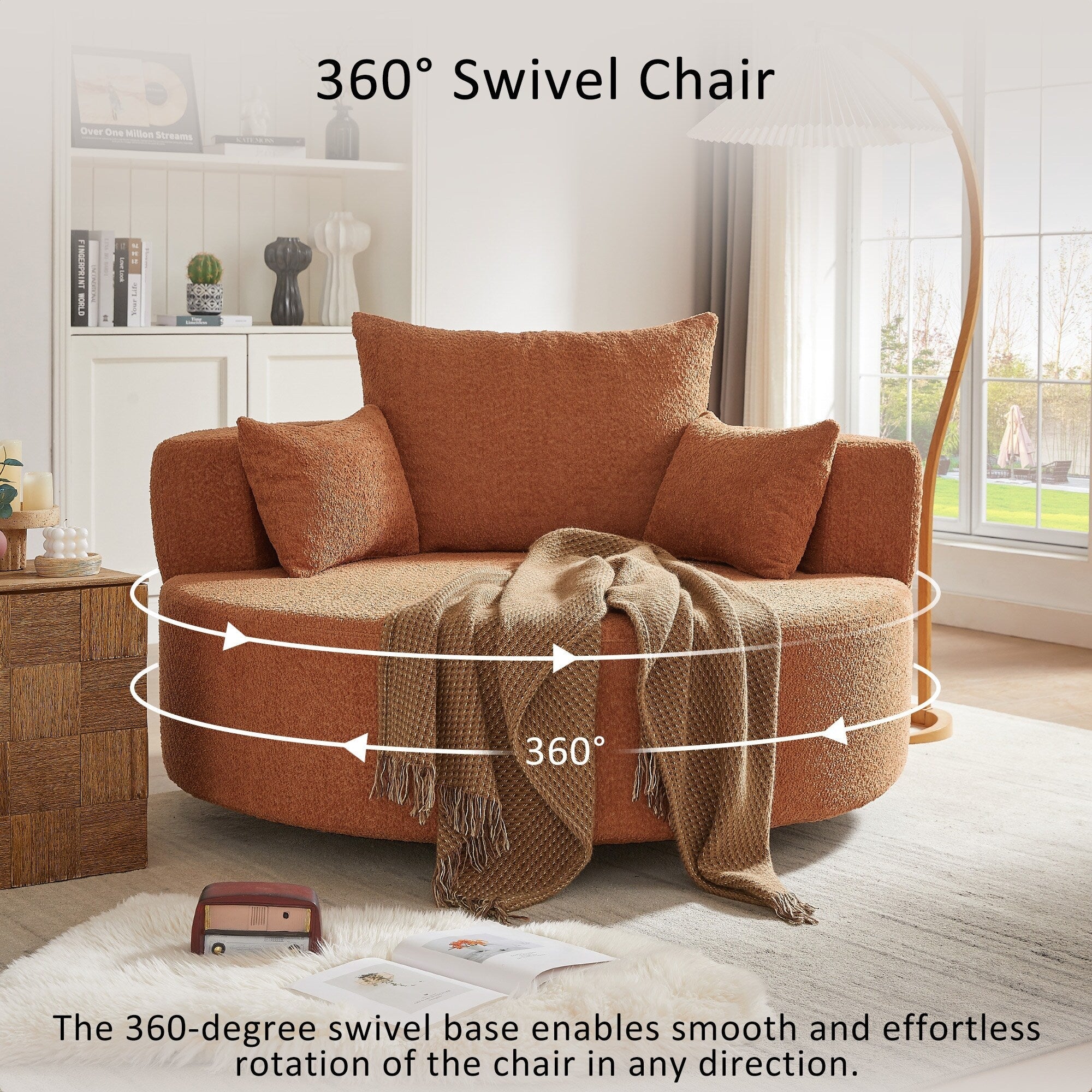 Fauteuil d'appoint en chenille, fauteuil rond avec base pivotante à 360 degrés et 3 coussins amovibles