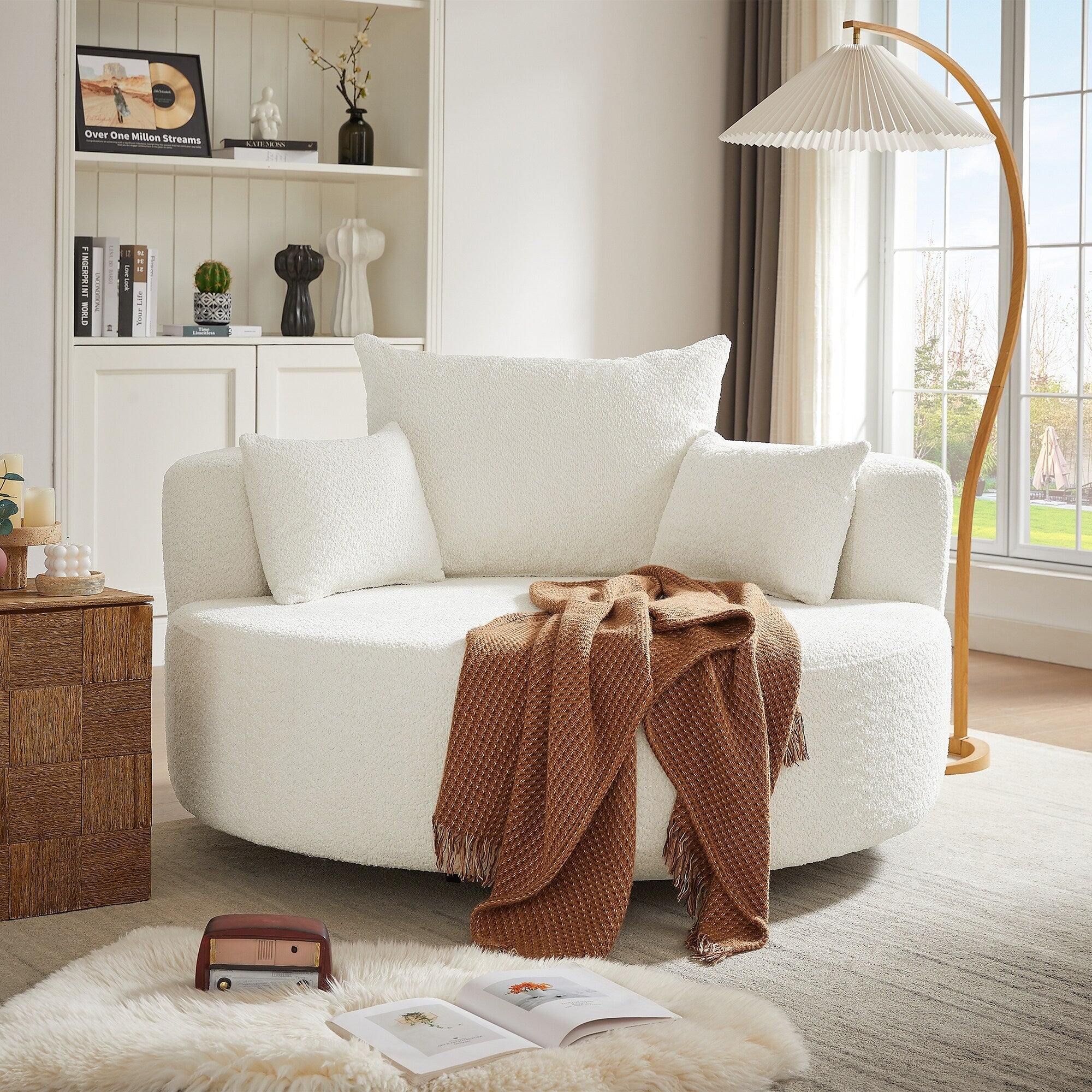 Fauteuil d'appoint en chenille, fauteuil rond avec base pivotante à 360 degrés et 3 coussins amovibles