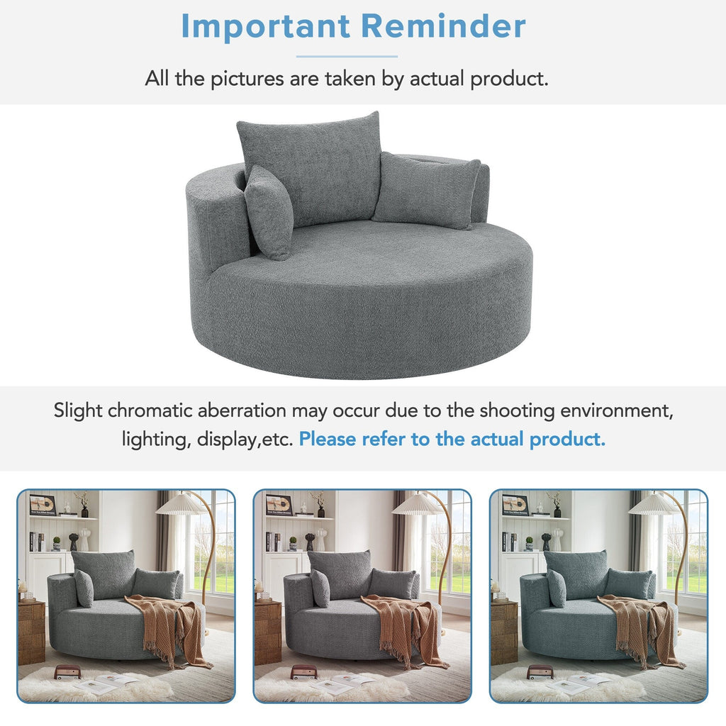 Fauteuil d'appoint en chenille, fauteuil rond avec base pivotante à 360 degrés et 3 coussins amovibles