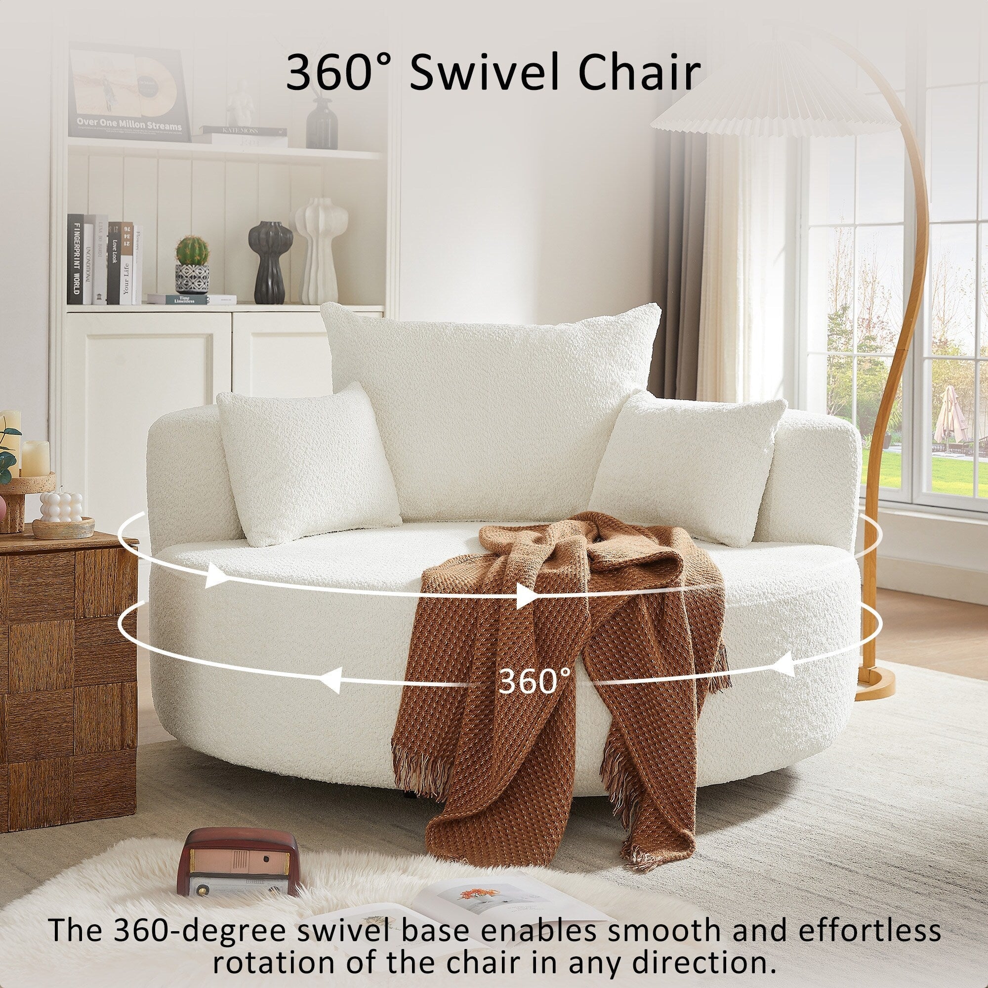 Fauteuil d'appoint en chenille, fauteuil rond avec base pivotante à 360 degrés et 3 coussins amovibles