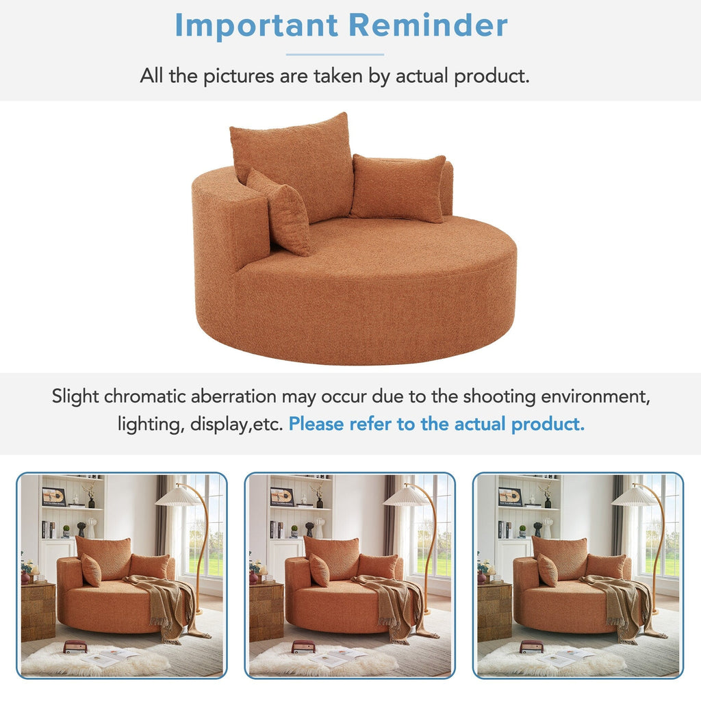 Fauteuil d'appoint en chenille, fauteuil rond avec base pivotante à 360 degrés et 3 coussins amovibles