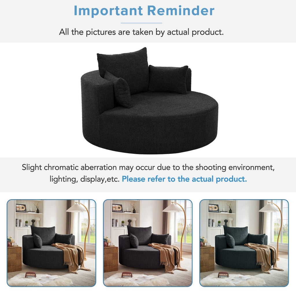 Fauteuil d'appoint en chenille, fauteuil rond avec base pivotante à 360 degrés et 3 coussins amovibles