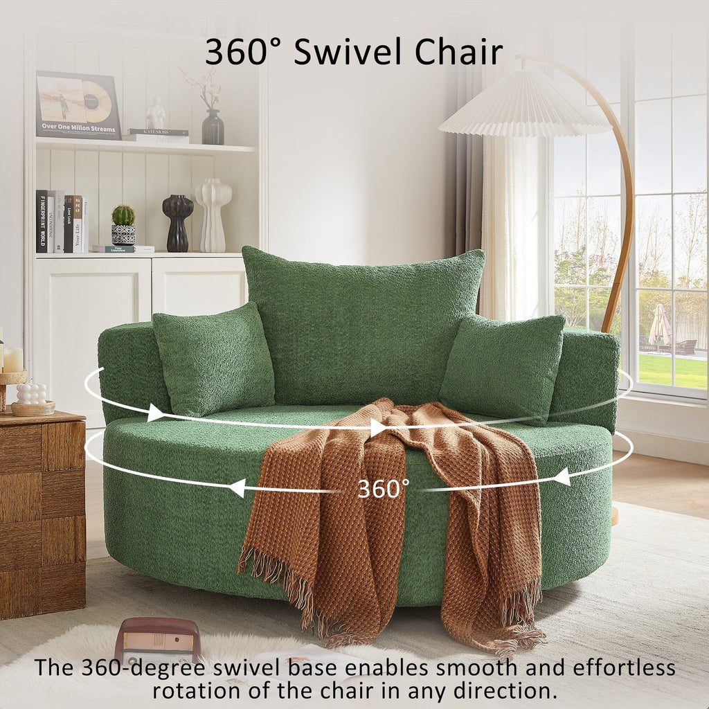 Fauteuil d'appoint en chenille, fauteuil rond avec base pivotante à 360 degrés et 3 coussins amovibles