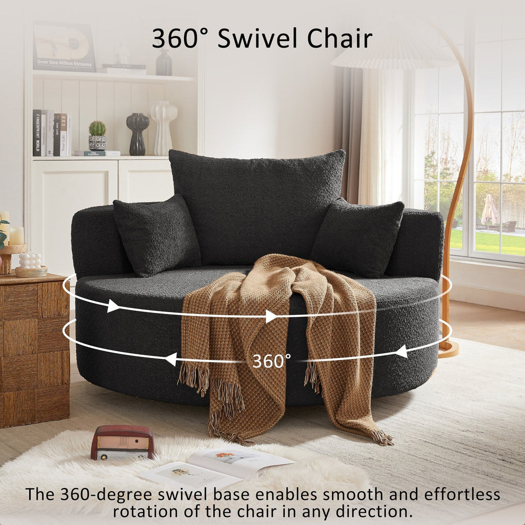 Fauteuil d'appoint en chenille, fauteuil rond avec base pivotante à 360 degrés et 3 coussins amovibles