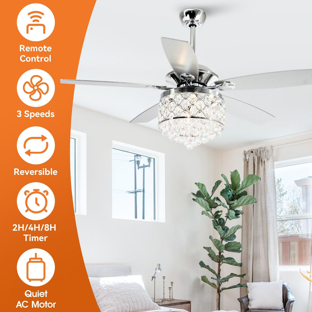 Lustre/ventilateur de plafond à 4 lumières en chrome/cristal avec télécommande