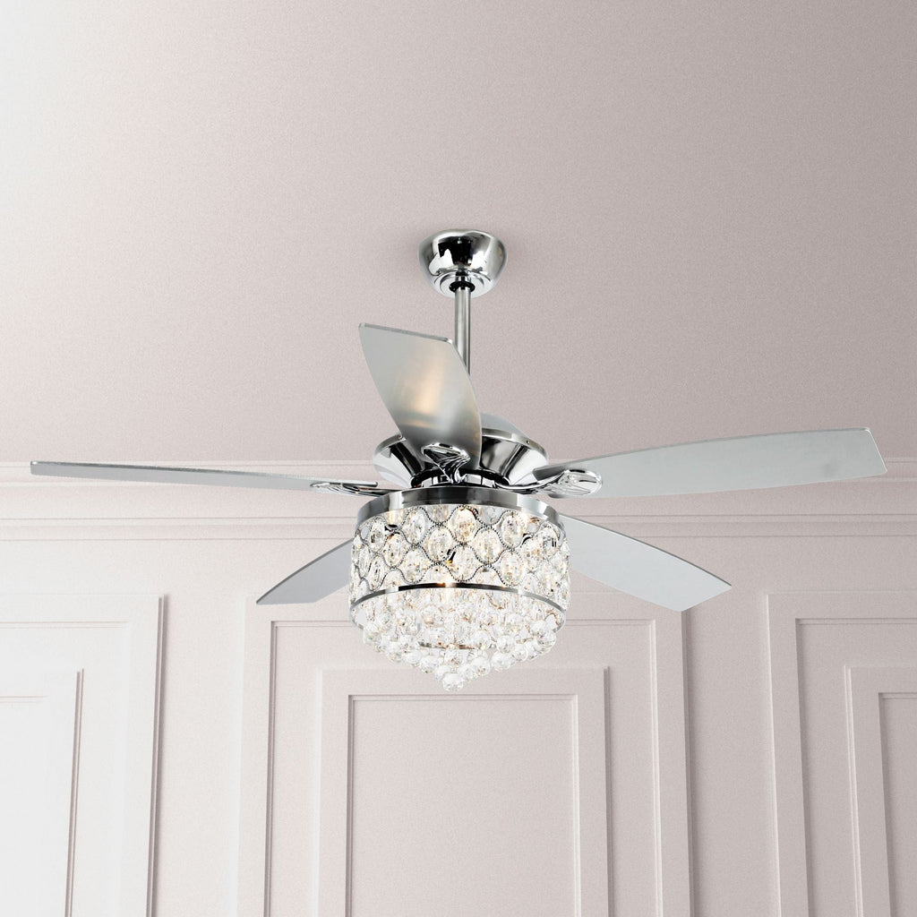 Lustre/ventilateur de plafond à 4 lumières en chrome/cristal avec télécommande