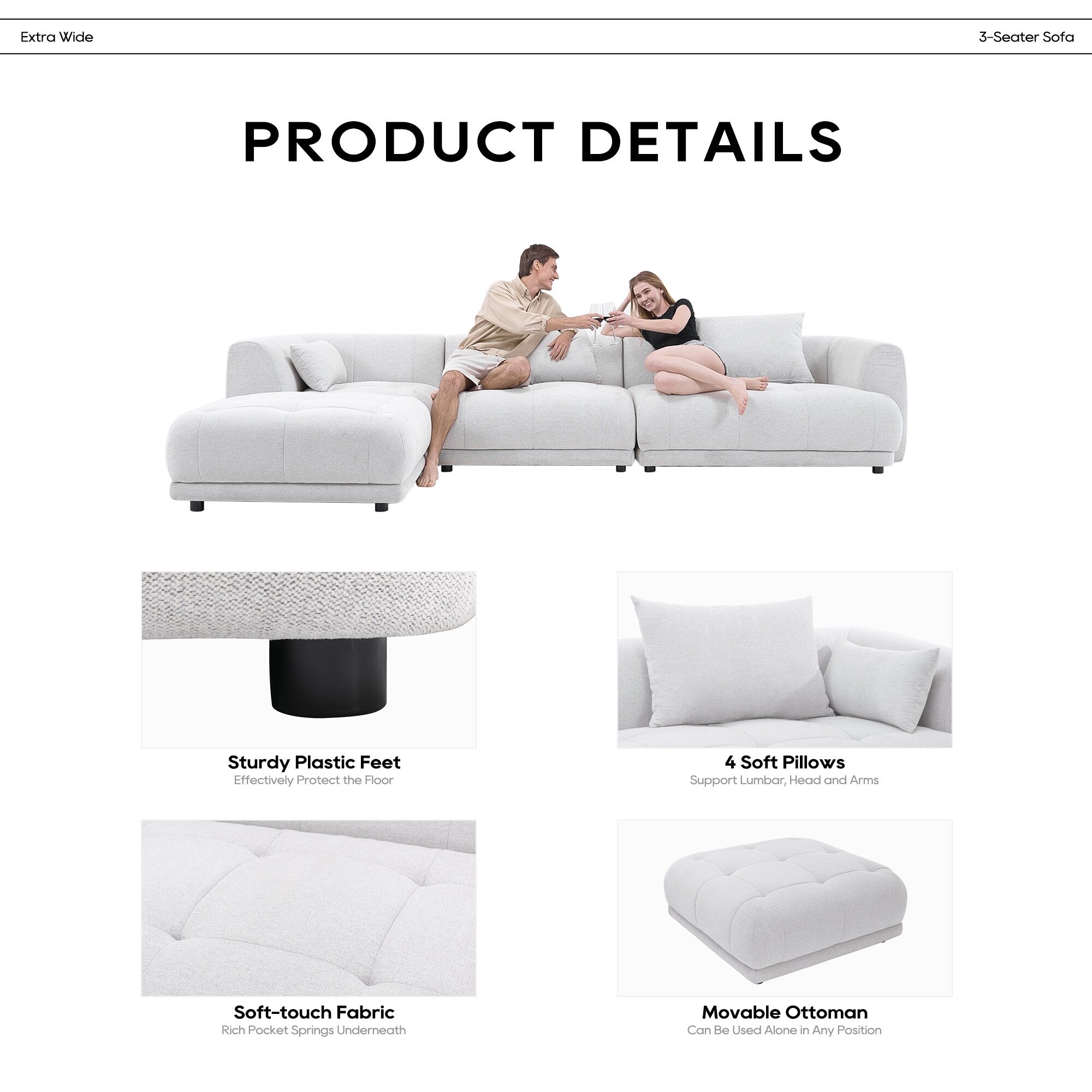 Canapé modulaire Cloud 144 avec pouf - Canapé de salon en tissu chenille moelleux