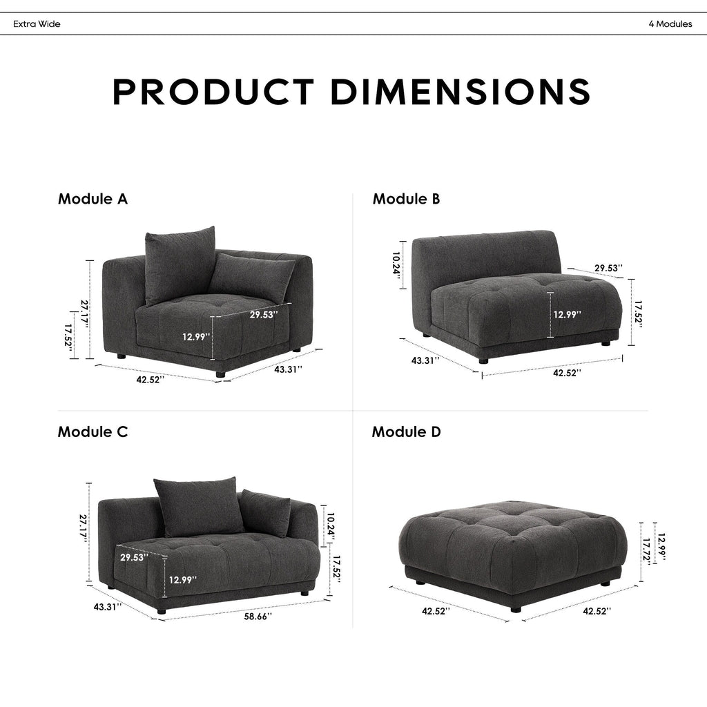 Canapé modulaire Cloud 144 avec pouf - Canapé de salon en tissu chenille moelleux